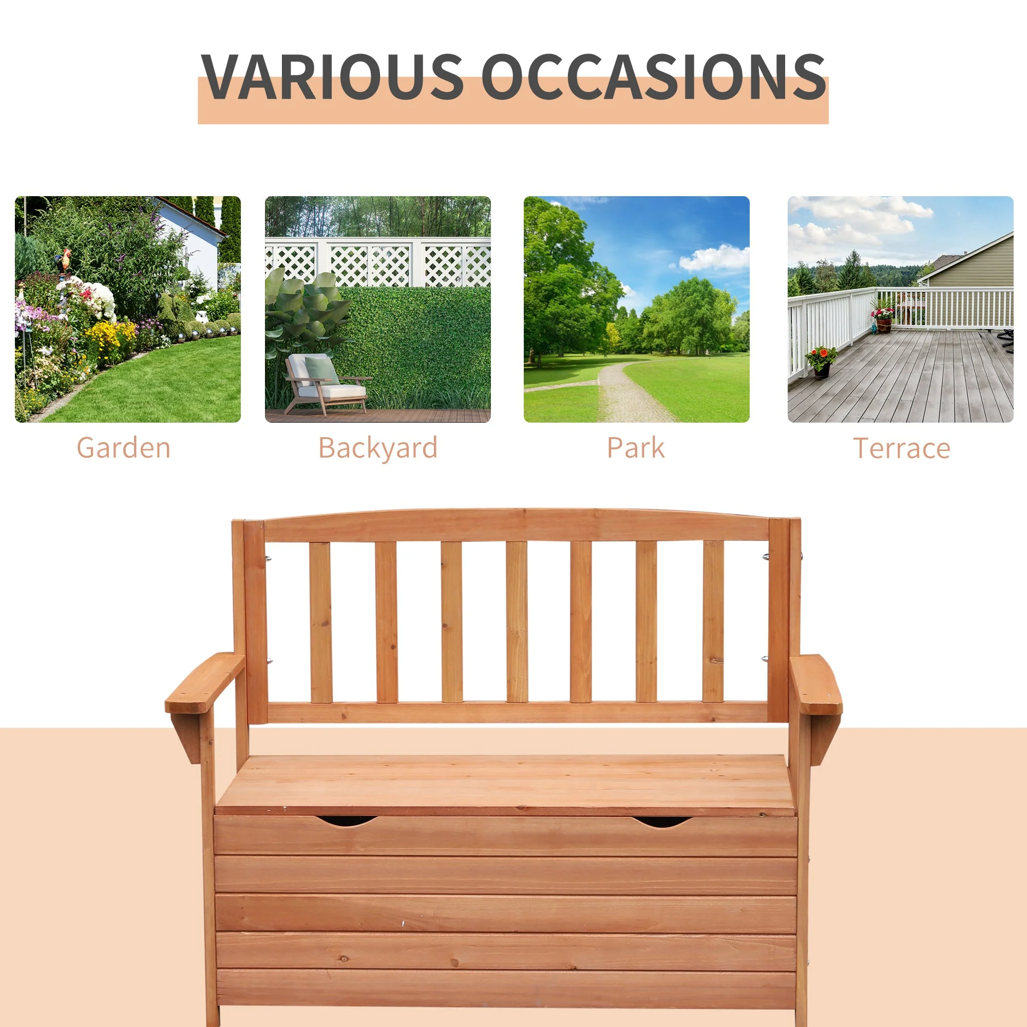 Outdoor 2 Seater Garden Wooden Storage Bench Box Patio Seating Furniture Chair 112L x 84H x 58W cm - Image 5