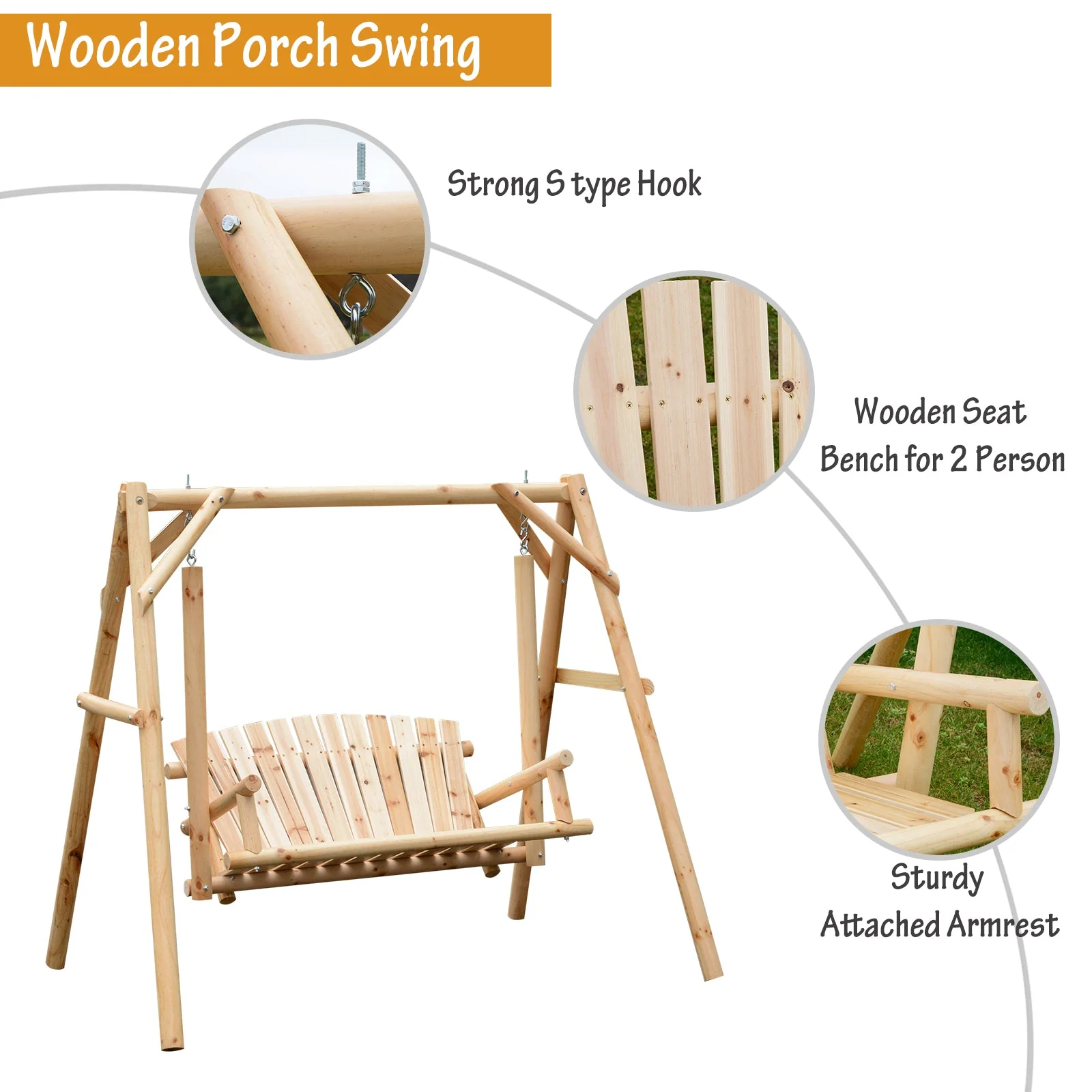 Outdoor 2 Seater Swing Chair Larch Wood Garden Swing Seat Porch Hammock Bench Lounger - Image 3