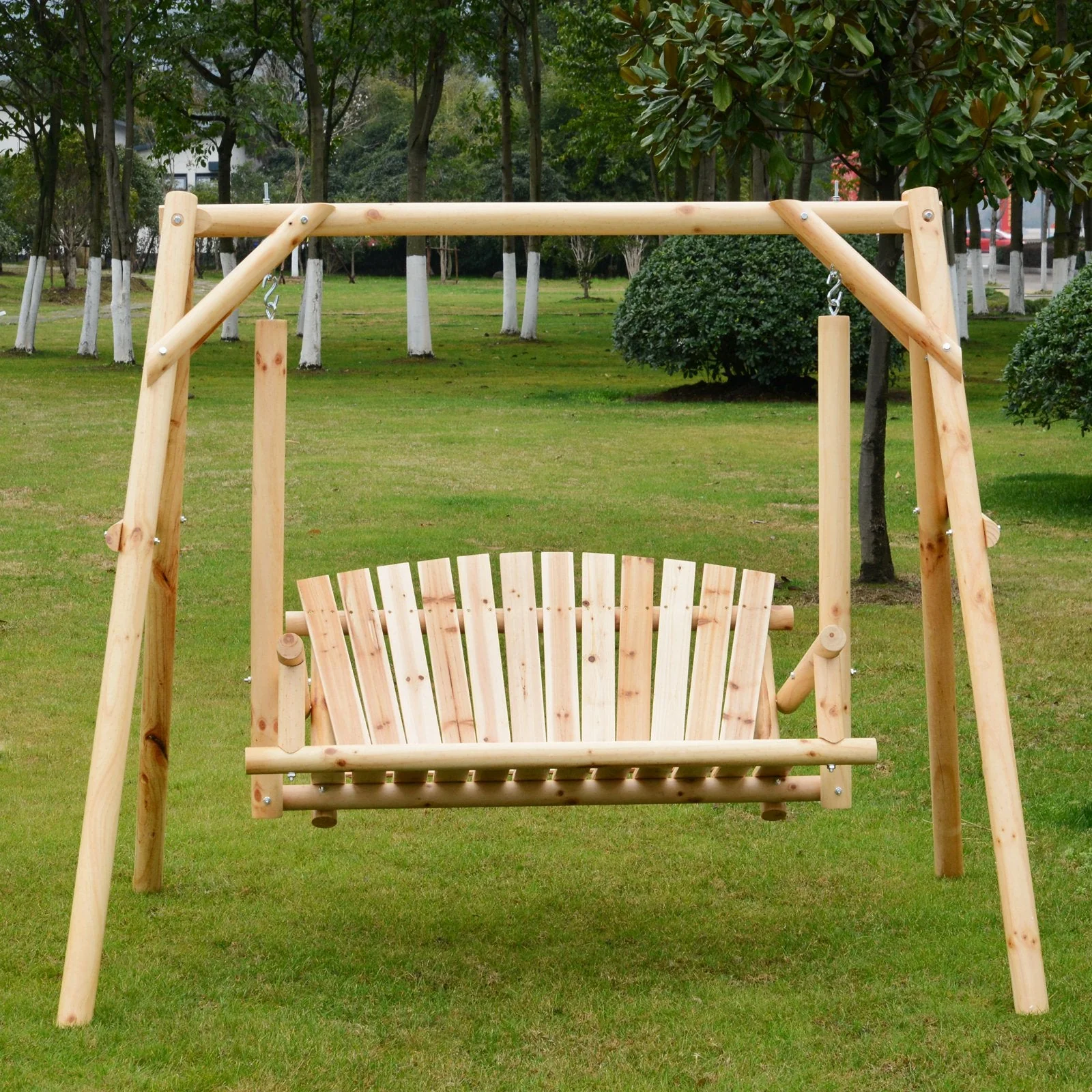 Outdoor 2 Seater Swing Chair Larch Wood Garden Swing Seat Porch Hammock Bench Lounger - Image 8