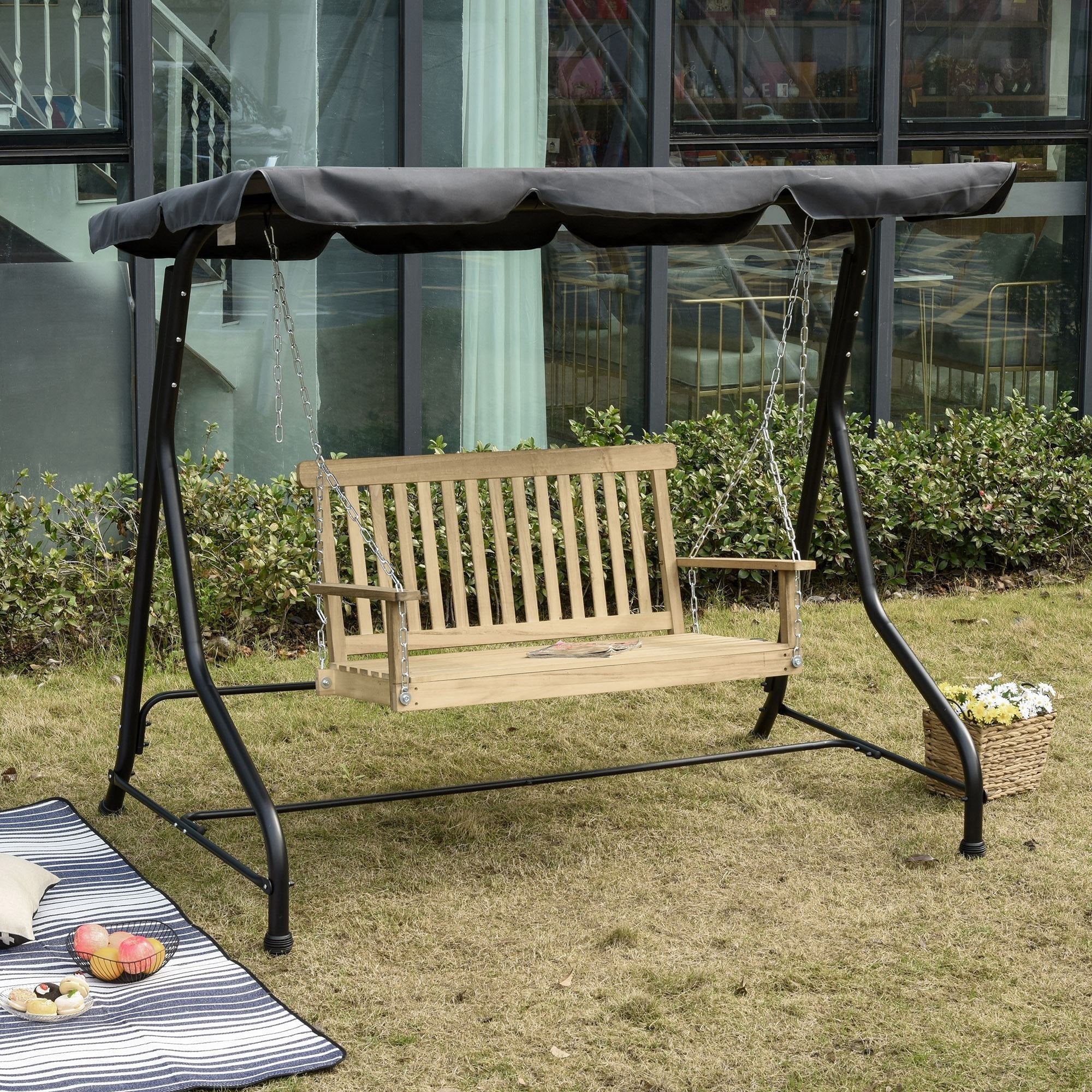 Outdoor 2 Seater Wooden Swing Chair BenchHammock Loveseat w/ Hanging Chain - Image 2