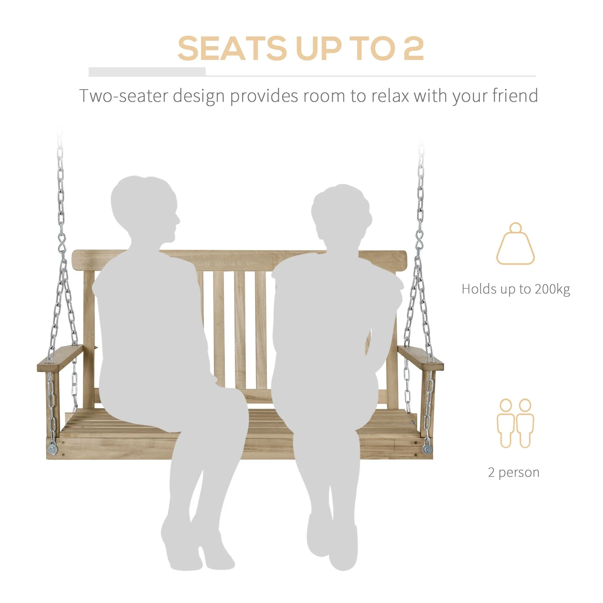 Outdoor 2 Seater Wooden Swing Chair BenchHammock Loveseat w/ Hanging Chain - Image 4