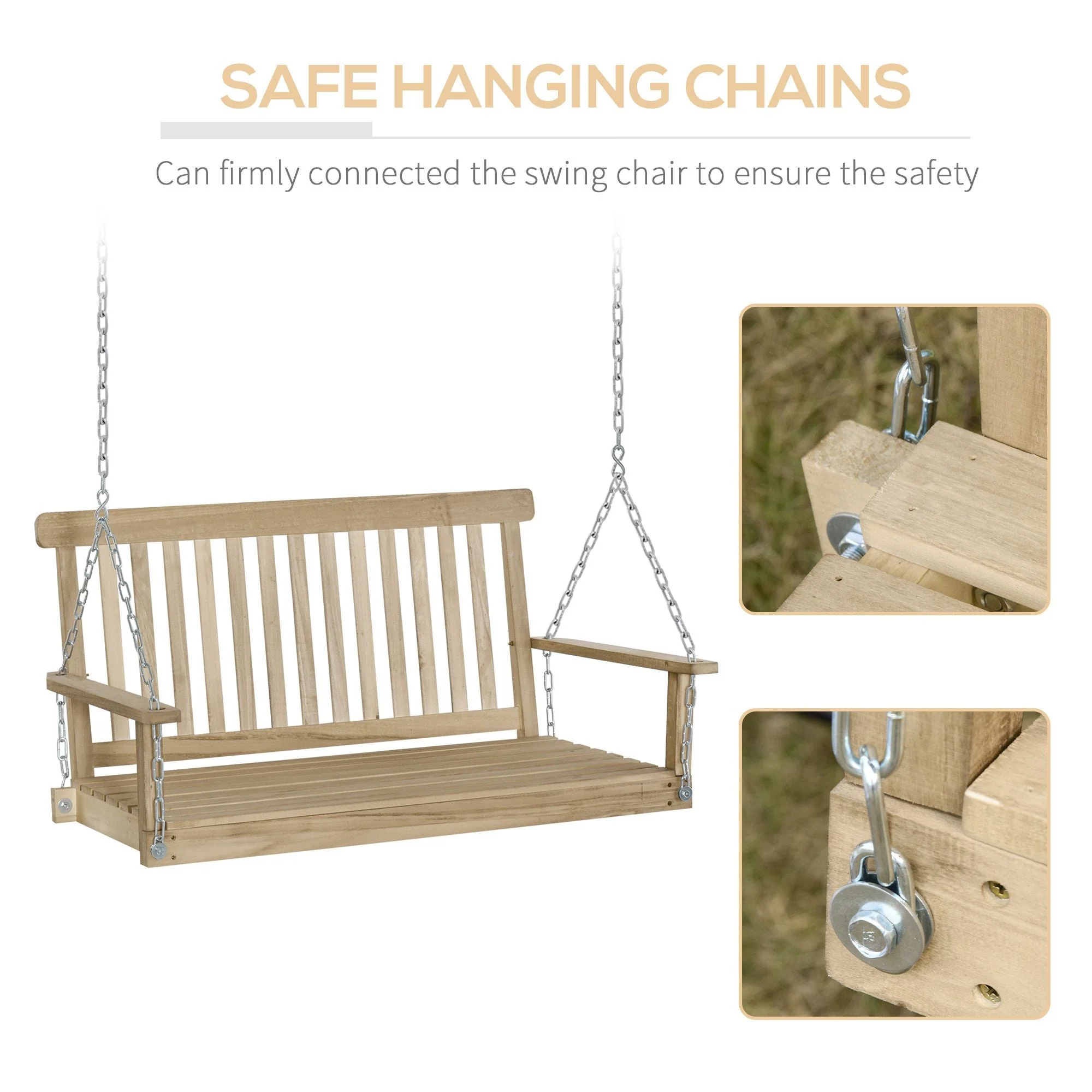 Outdoor 2 Seater Wooden Swing Chair BenchHammock Loveseat w/ Hanging Chain - Image 5