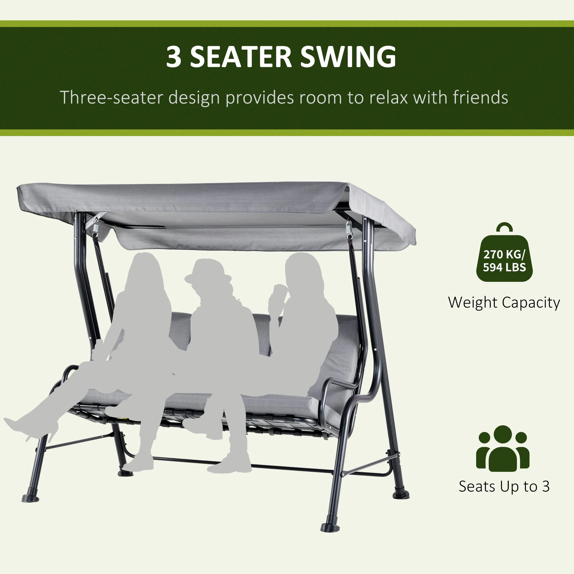 Outdoor 3-person Metal Porch Swing Chair Bench - Image 6