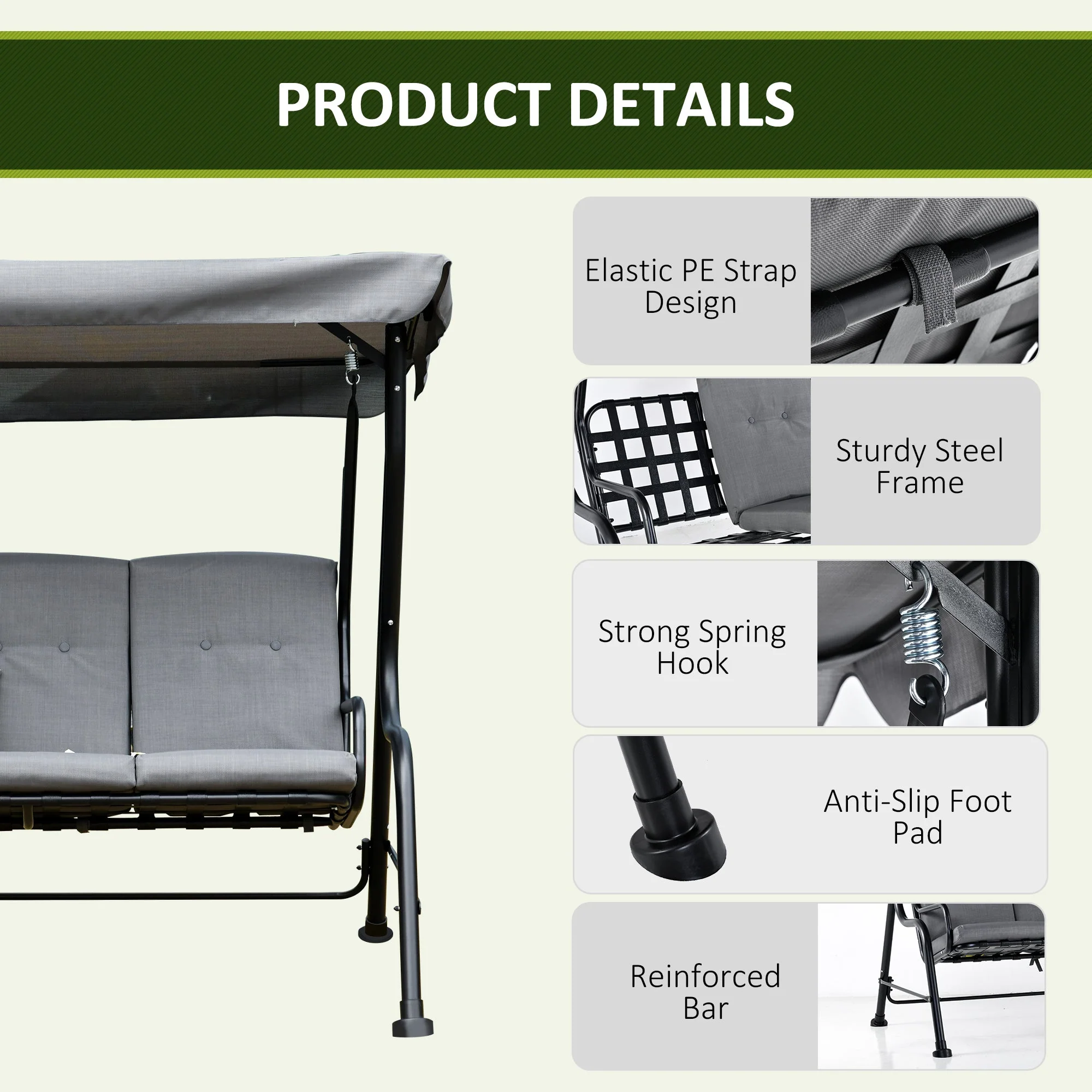 Outdoor 3-person Metal Porch Swing Chair Bench - Image 7