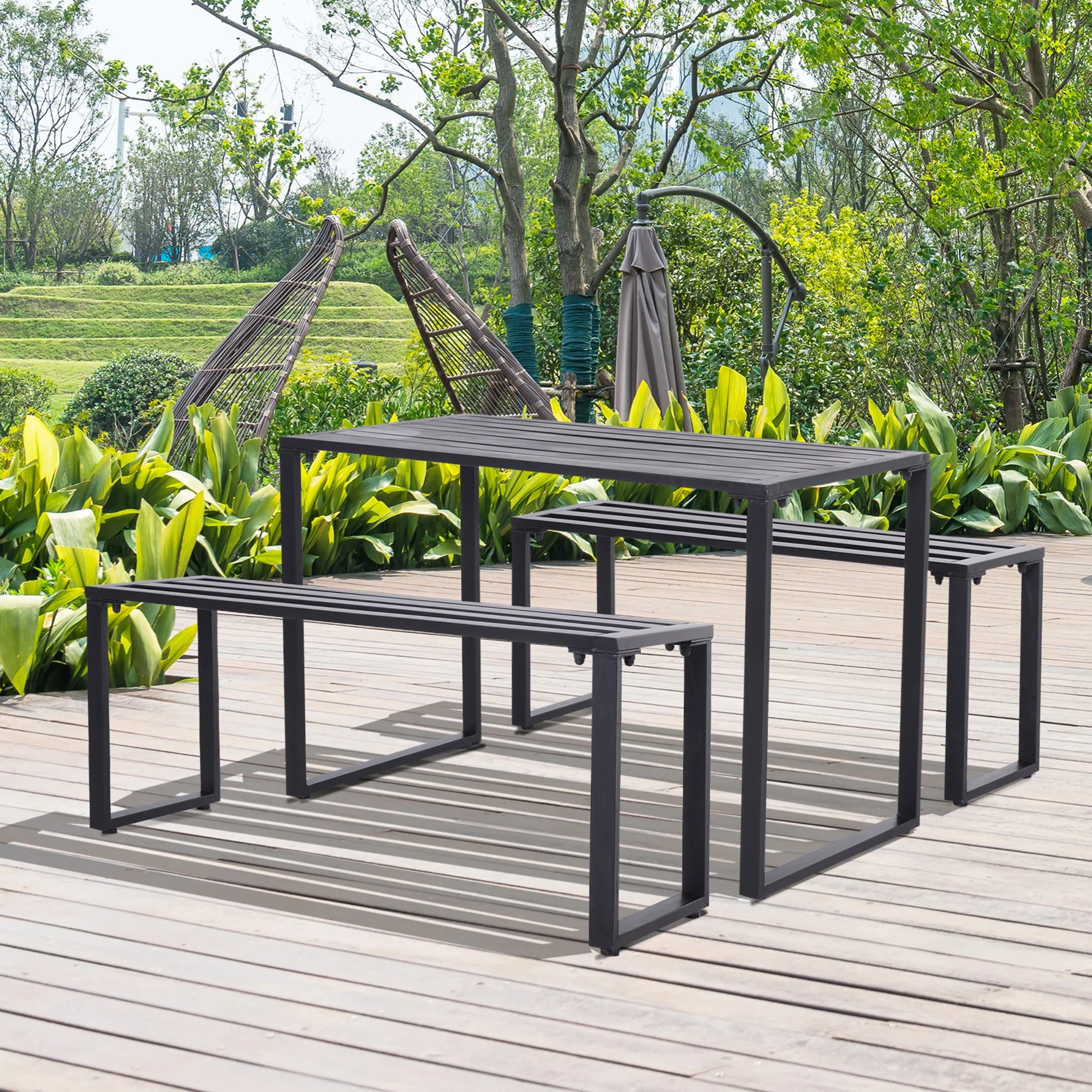 Outdoor 3-Piece Metal Picnic Table and 2 Benches Set Dining Trestle Beer Table Patio Garden Furniture Black - Image 2