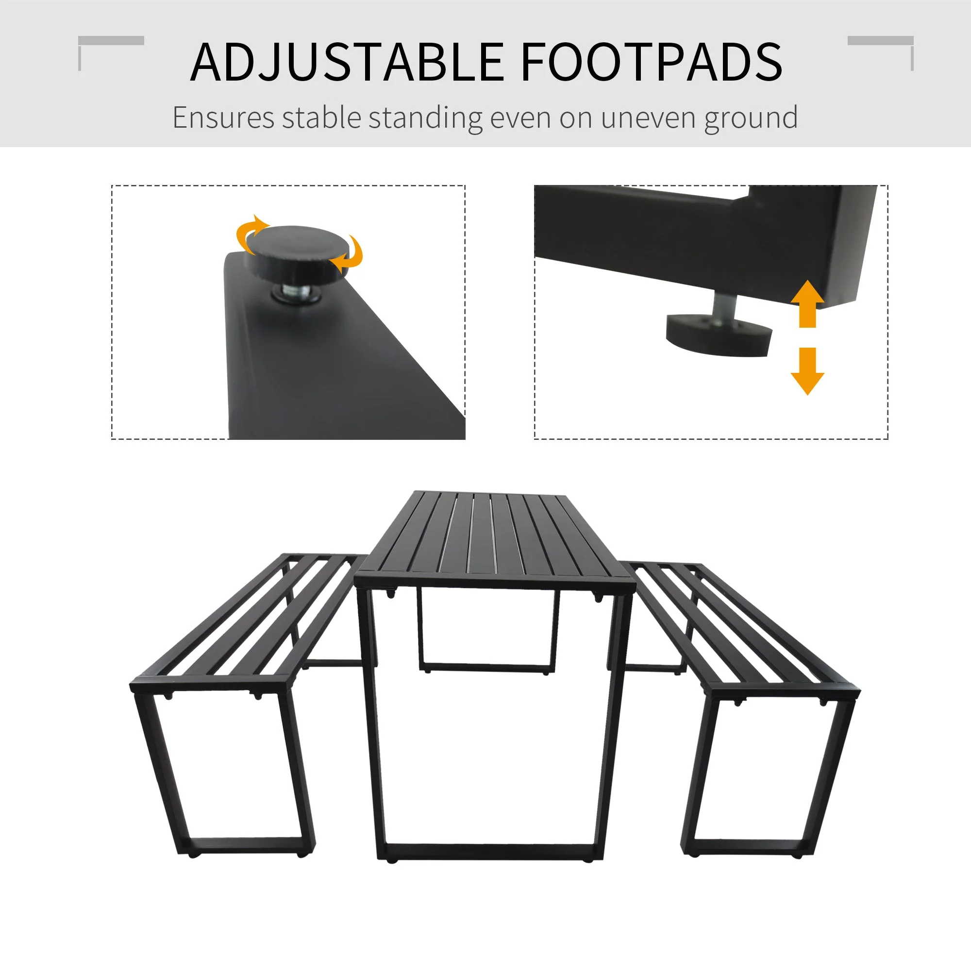 Outdoor 3-Piece Metal Picnic Table and 2 Benches Set Dining Trestle Beer Table Patio Garden Furniture Black - Image 5