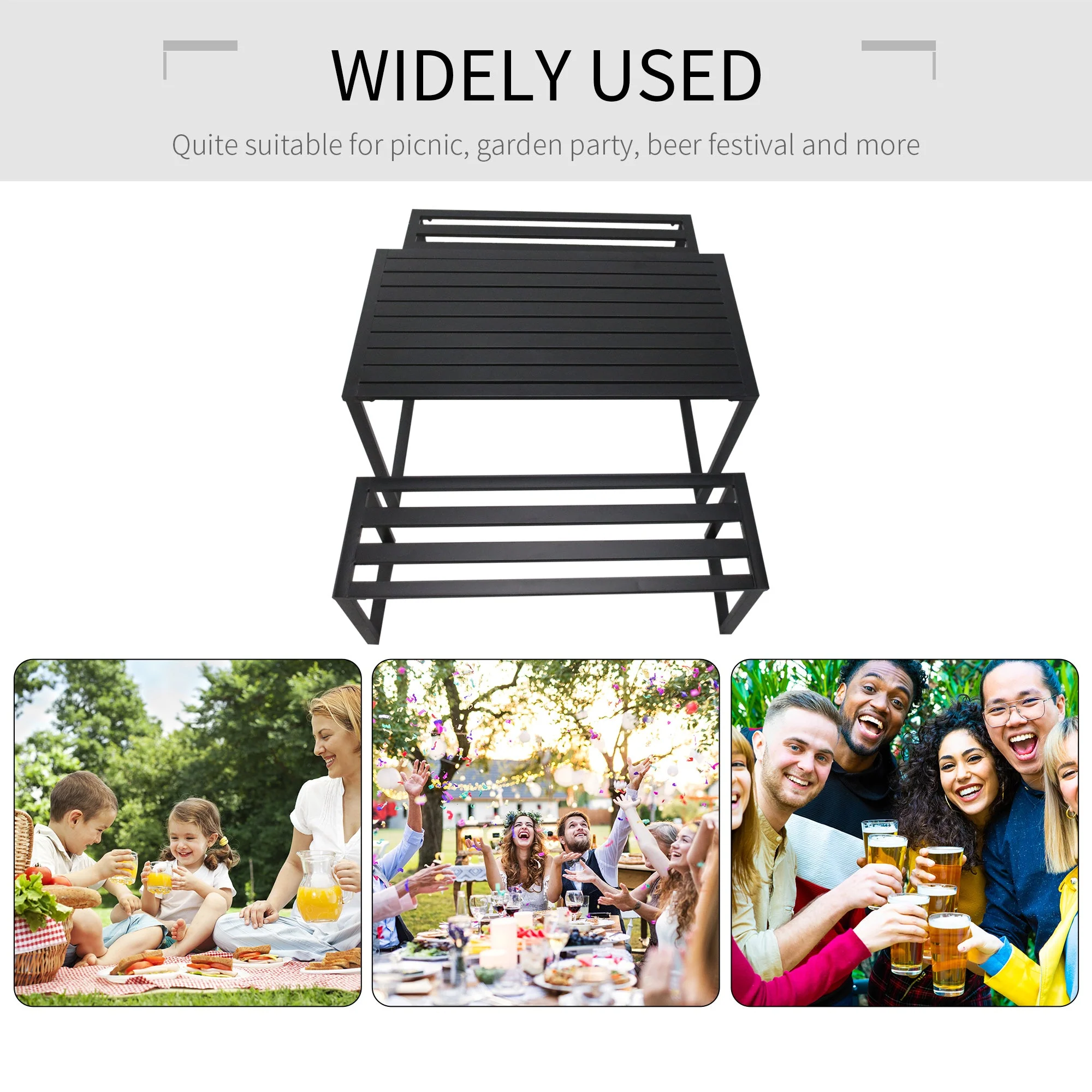 Outdoor 3-Piece Metal Picnic Table and 2 Benches Set Dining Trestle Beer Table Patio Garden Furniture Black - Image 6