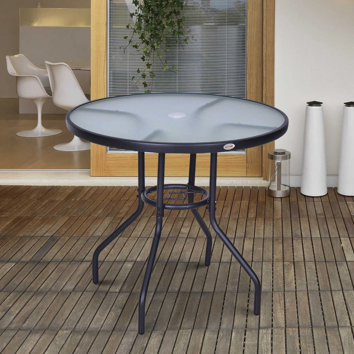 Outdoor 80cm Round Dining Table Tempered Glass Top Steel Frame Bistro Coffee End Side Table Garden w/ Parasol Hole - Image 2