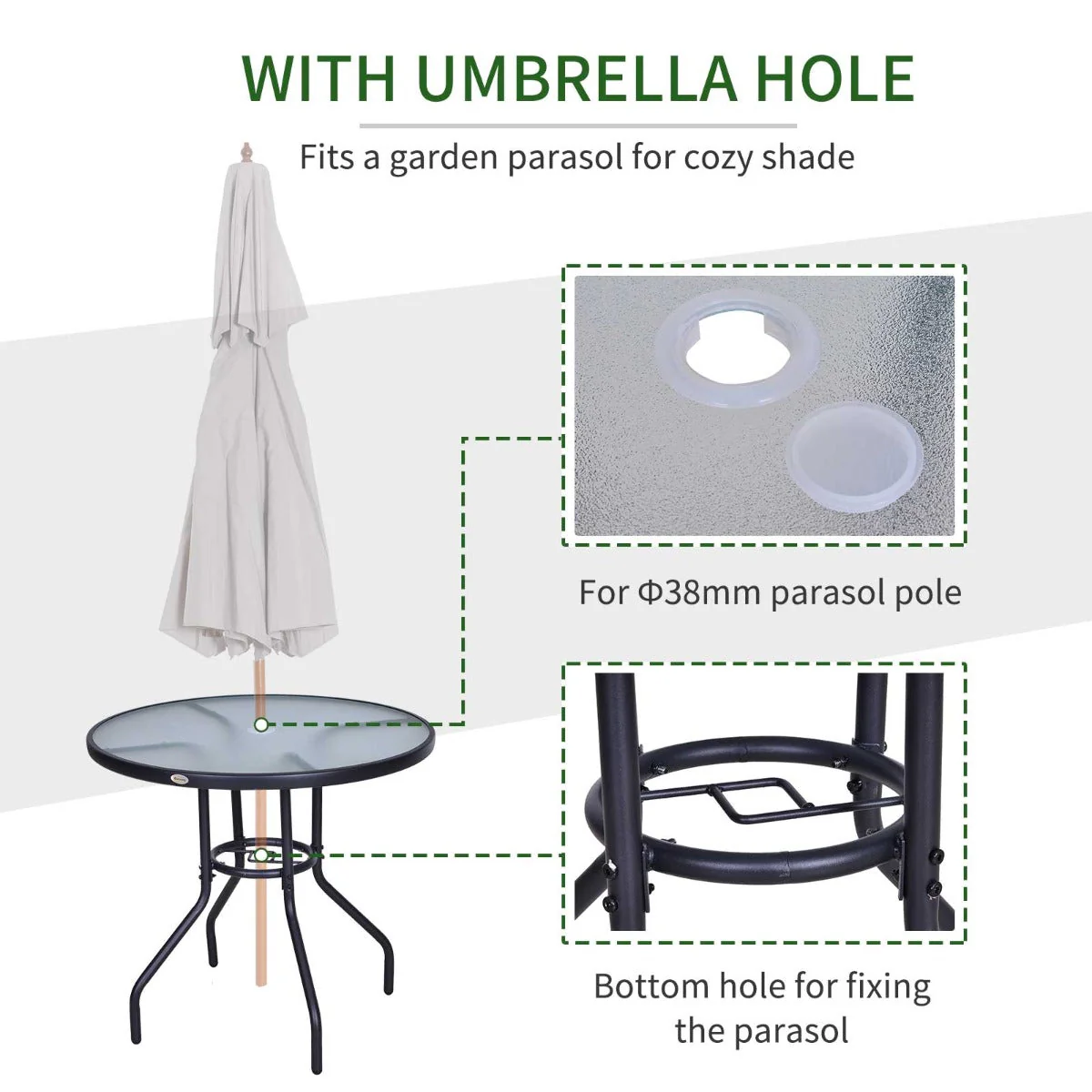 Outdoor 80cm Round Dining Table Tempered Glass Top Steel Frame Bistro Coffee End Side Table Garden w/ Parasol Hole - Image 4
