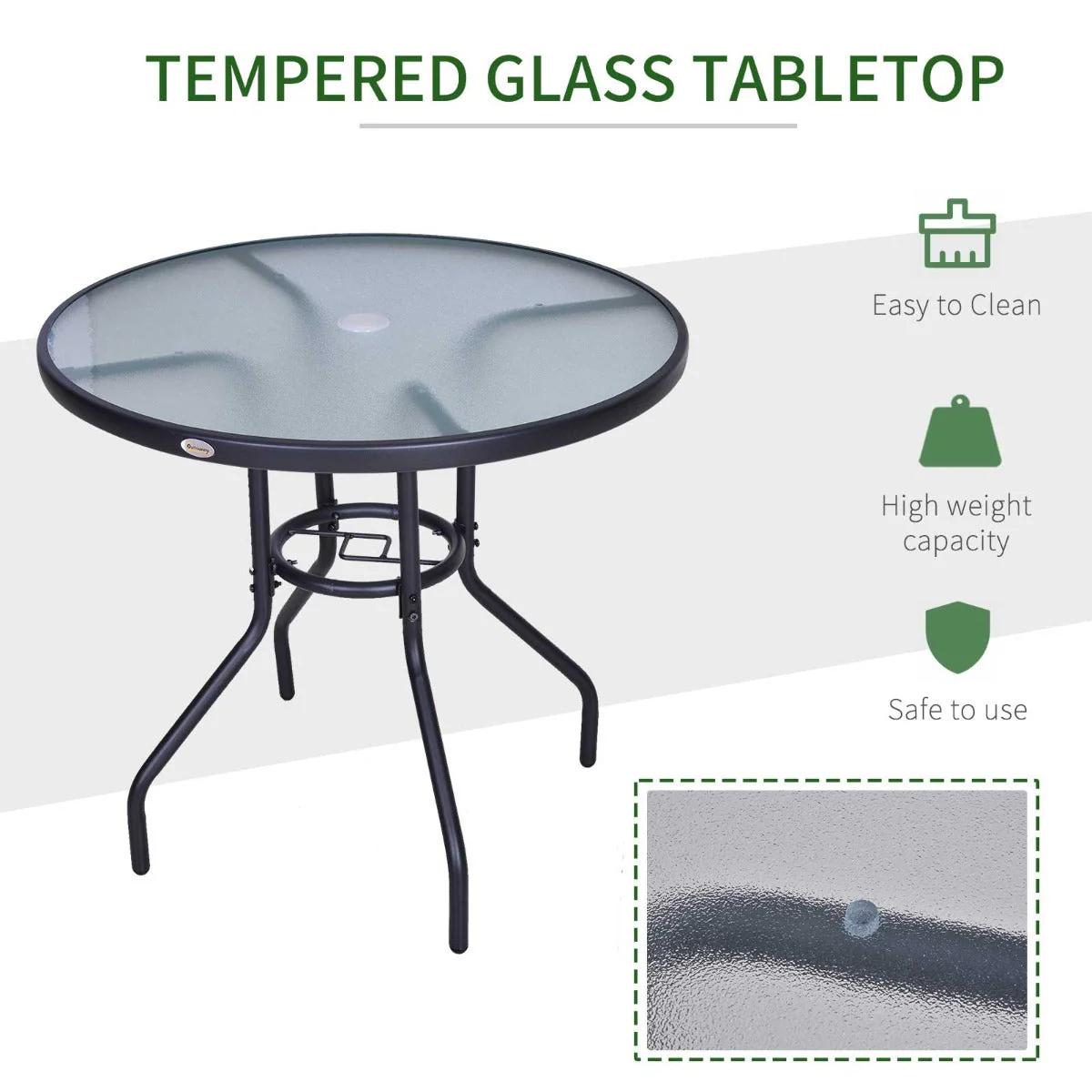 Outdoor 80cm Round Dining Table Tempered Glass Top Steel Frame Bistro Coffee End Side Table Garden w/ Parasol Hole - Image 5