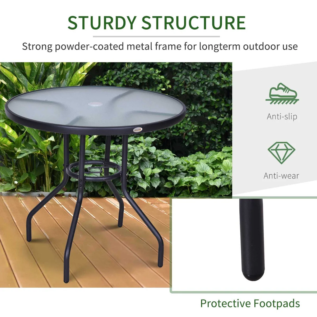 Outdoor 80cm Round Dining Table Tempered Glass Top Steel Frame Bistro Coffee End Side Table Garden w/ Parasol Hole - Image 6
