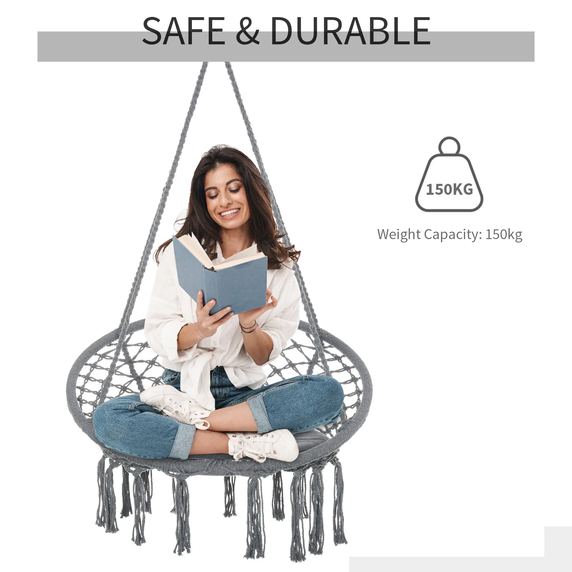 Outdoor Cotton-Polyester Blend Macrame Hanging Rope Chair with Cushion - Image 4