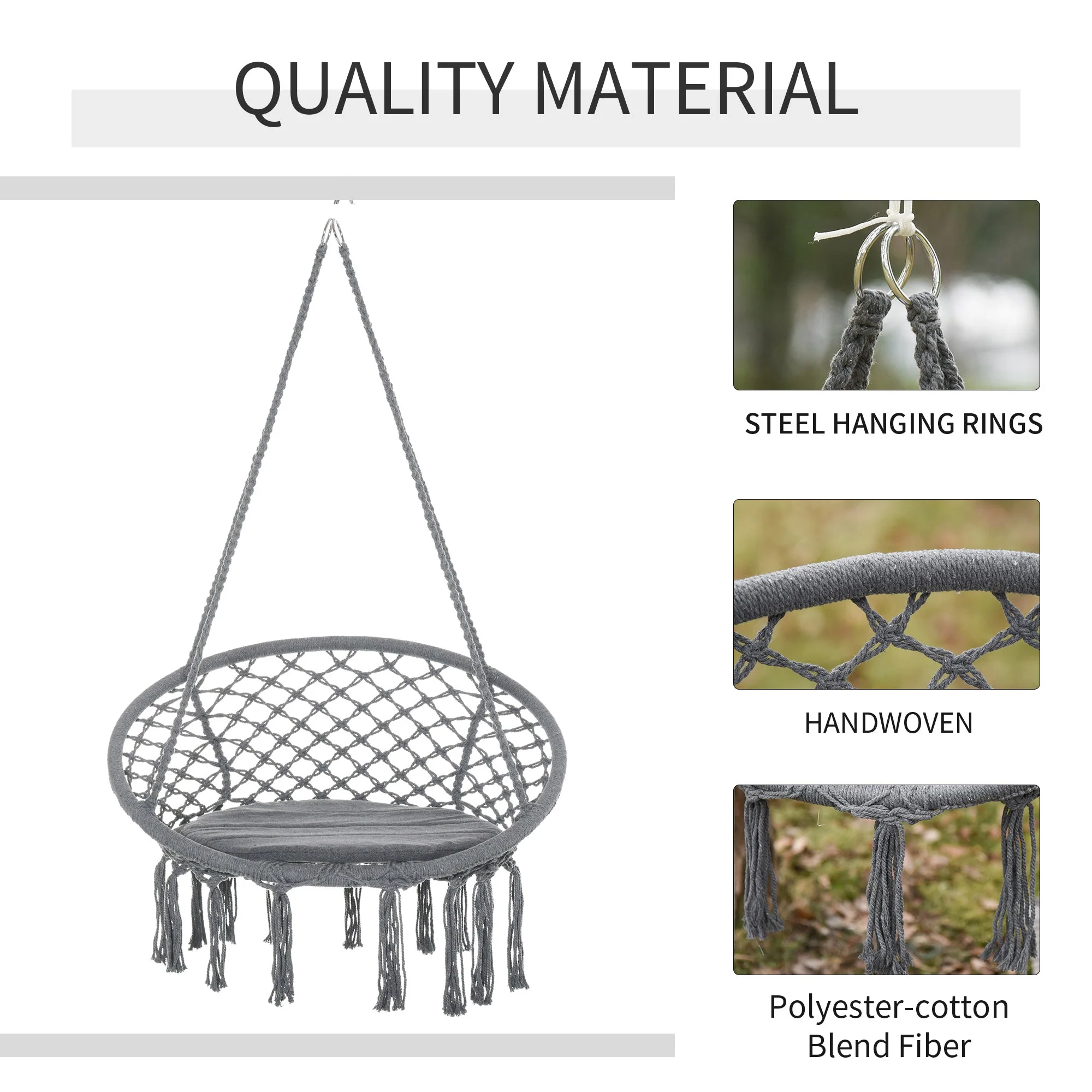 Outdoor Cotton-Polyester Blend Macrame Hanging Rope Chair with Cushion - Image 5