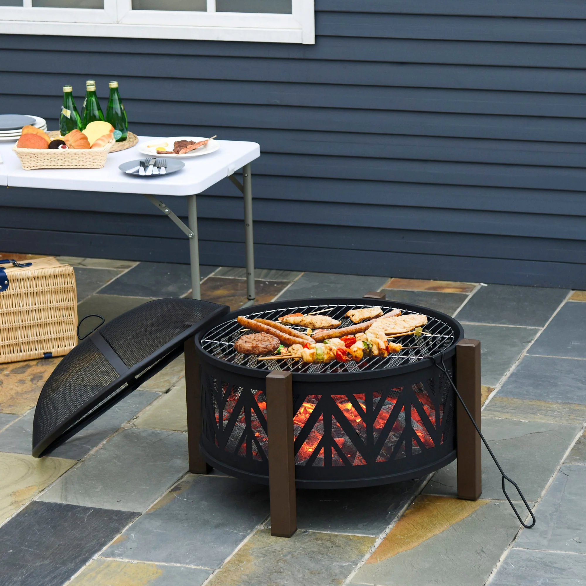 Outdoor Fire Pit with Grill Cooking Grate Screen Cover Fire Poker Bonfire Patio - Image 2