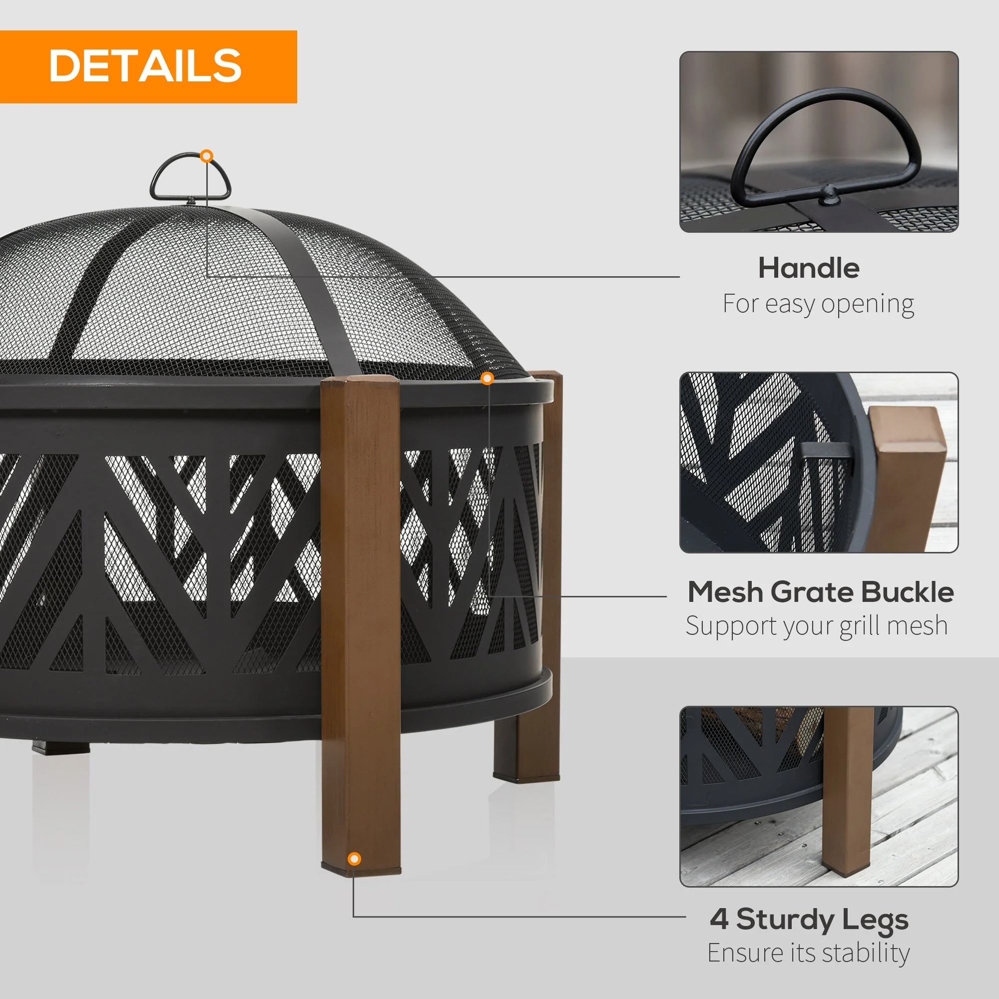 Outdoor Fire Pit with Grill Cooking Grate Screen Cover Fire Poker Bonfire Patio - Image 4