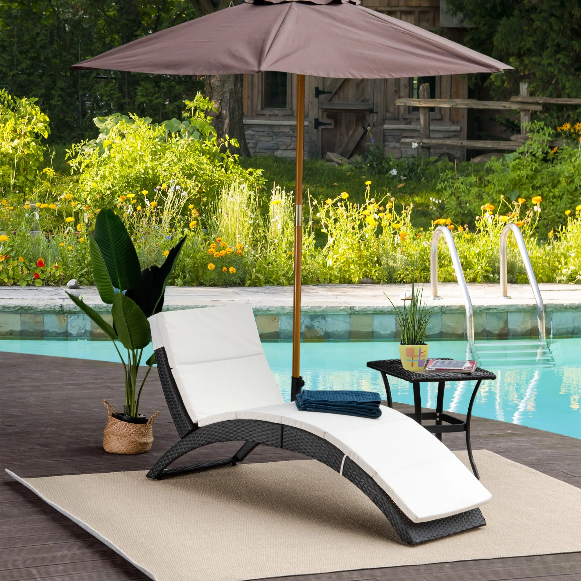 Outdoor Foldable PE Rattan Sun Lounger with Soft Padded Cushion - Image 2