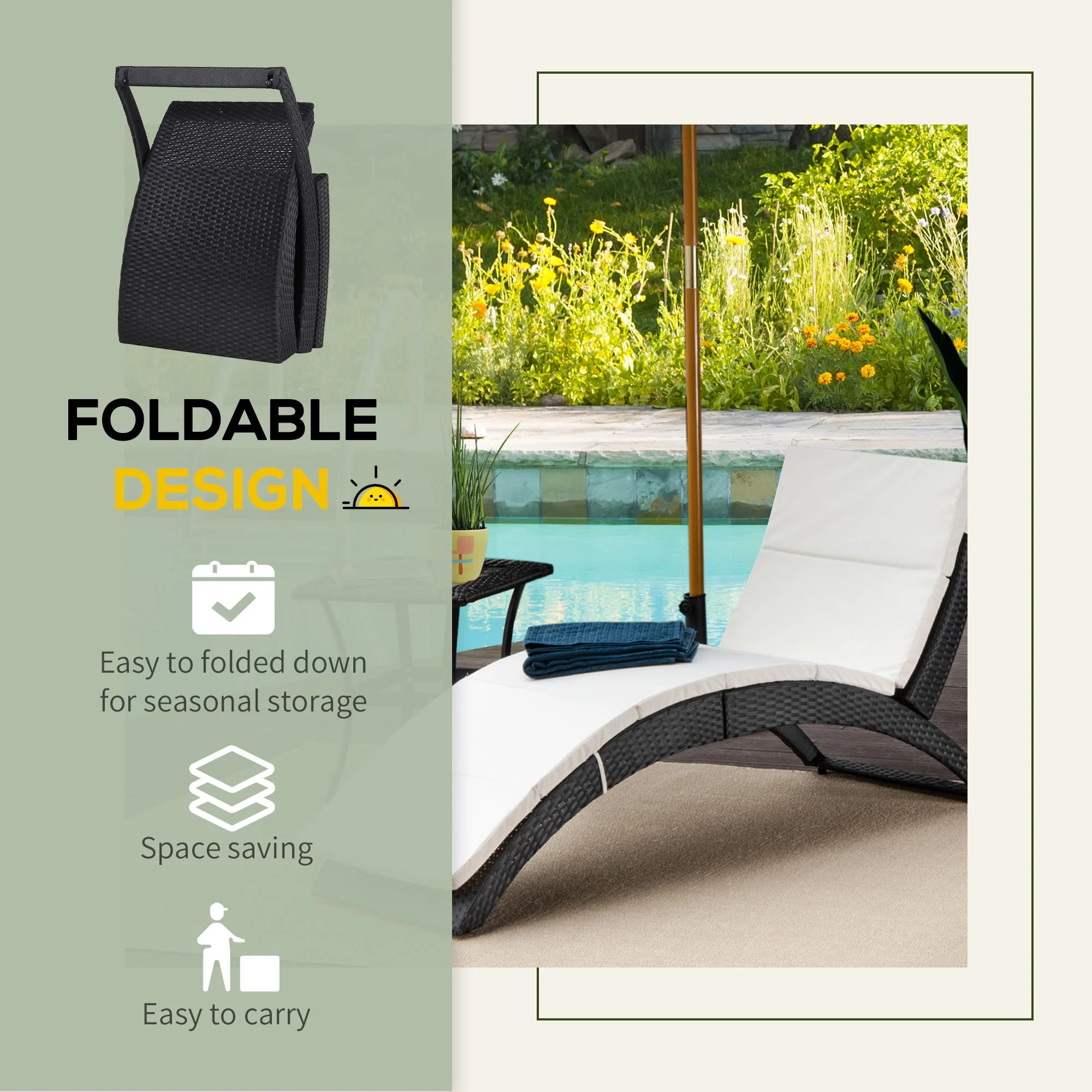 Outdoor Foldable PE Rattan Sun Lounger with Soft Padded Cushion - Image 6