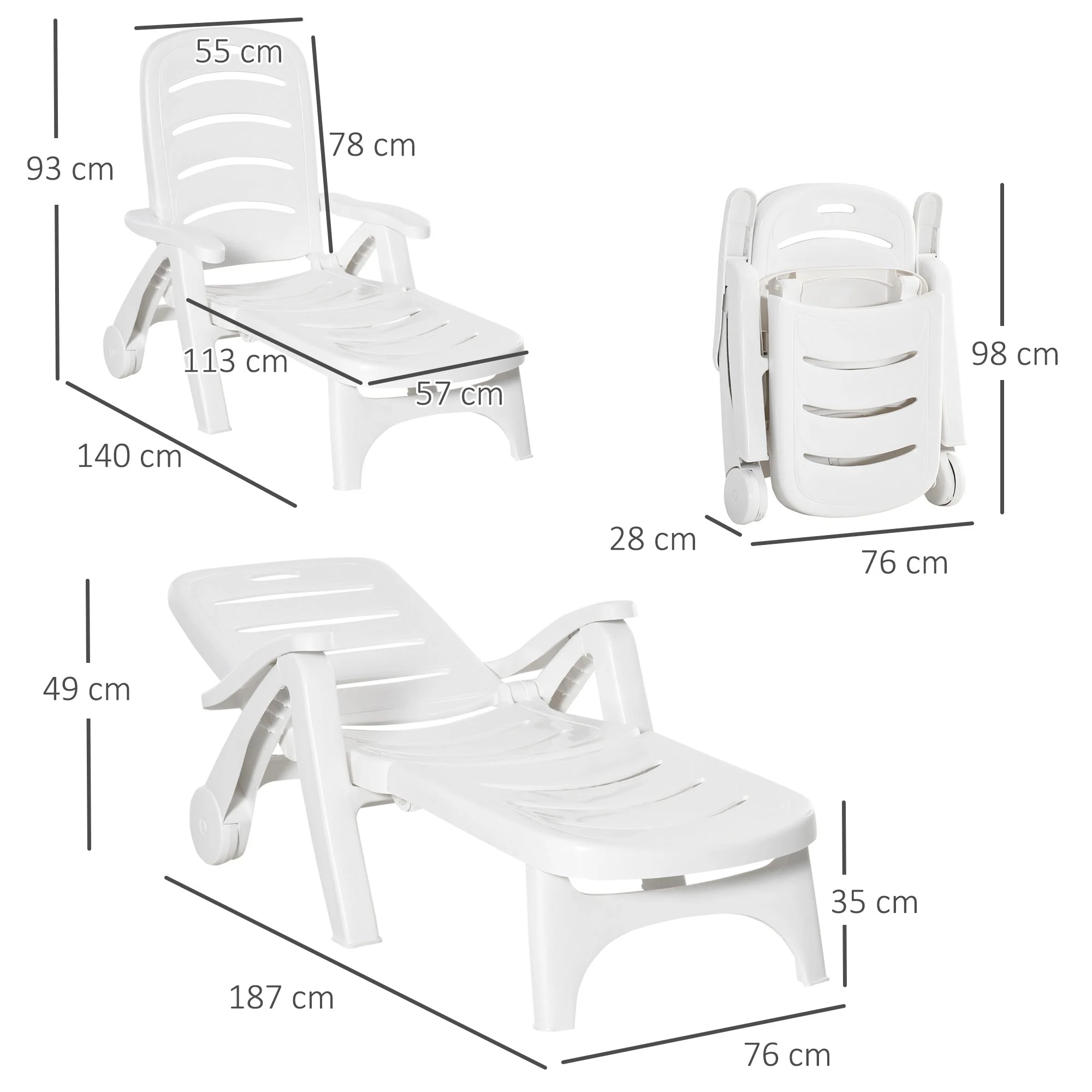 Outdoor Folding Sun Lounger Recliner on Wheels w/ 5-Position Backrest - Image 2