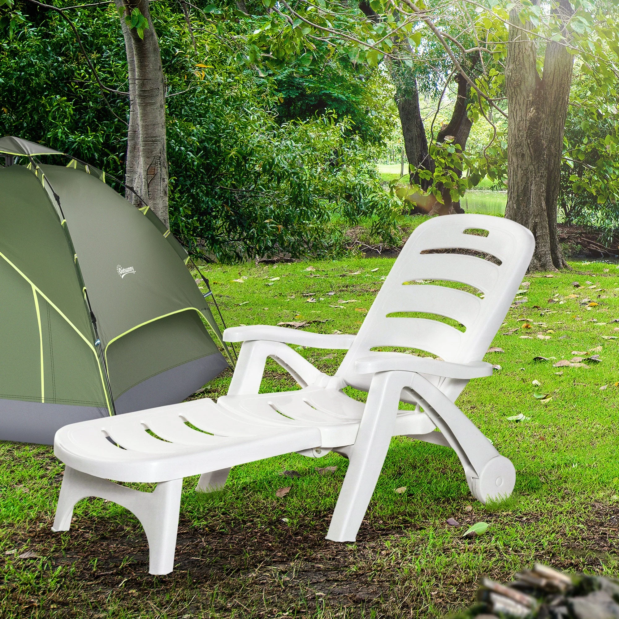 Outdoor Folding Sun Lounger Recliner on Wheels w/ 5-Position Backrest - Image 3