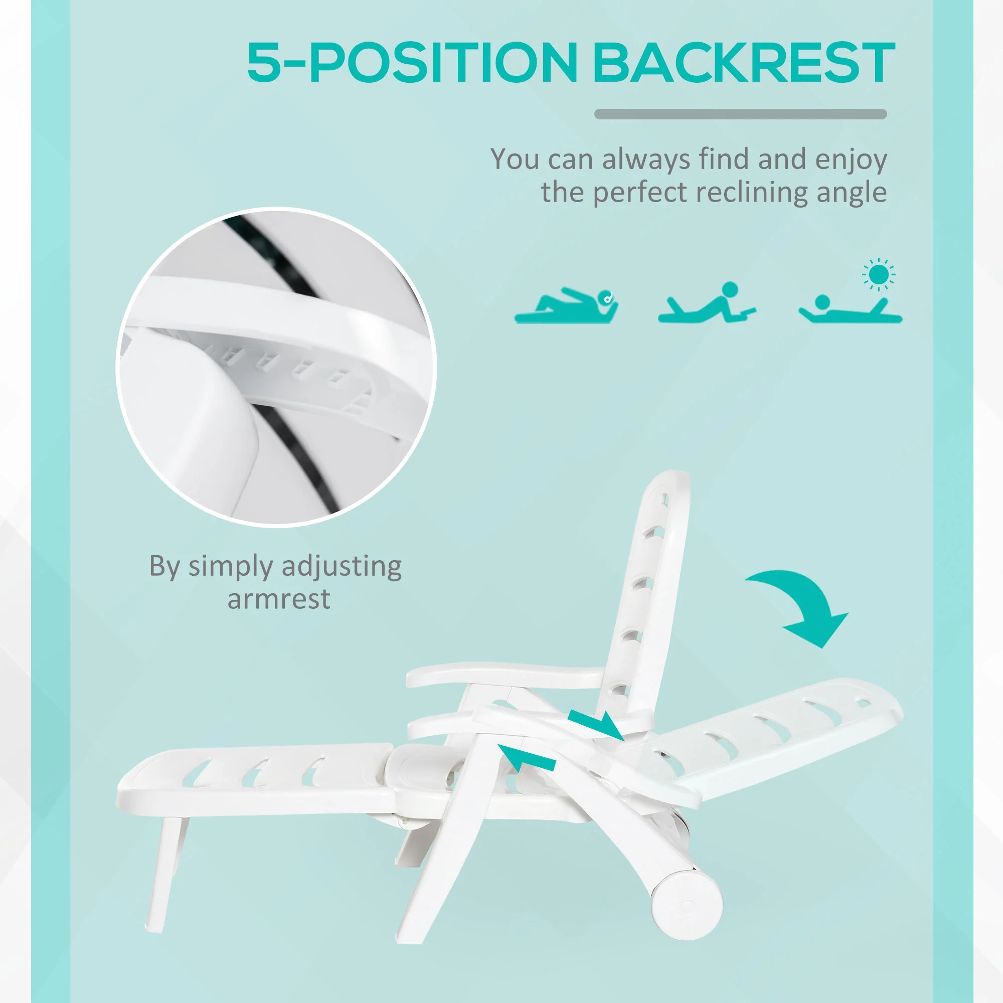 Outdoor Folding Sun Lounger Recliner on Wheels w/ 5-Position Backrest - Image 5
