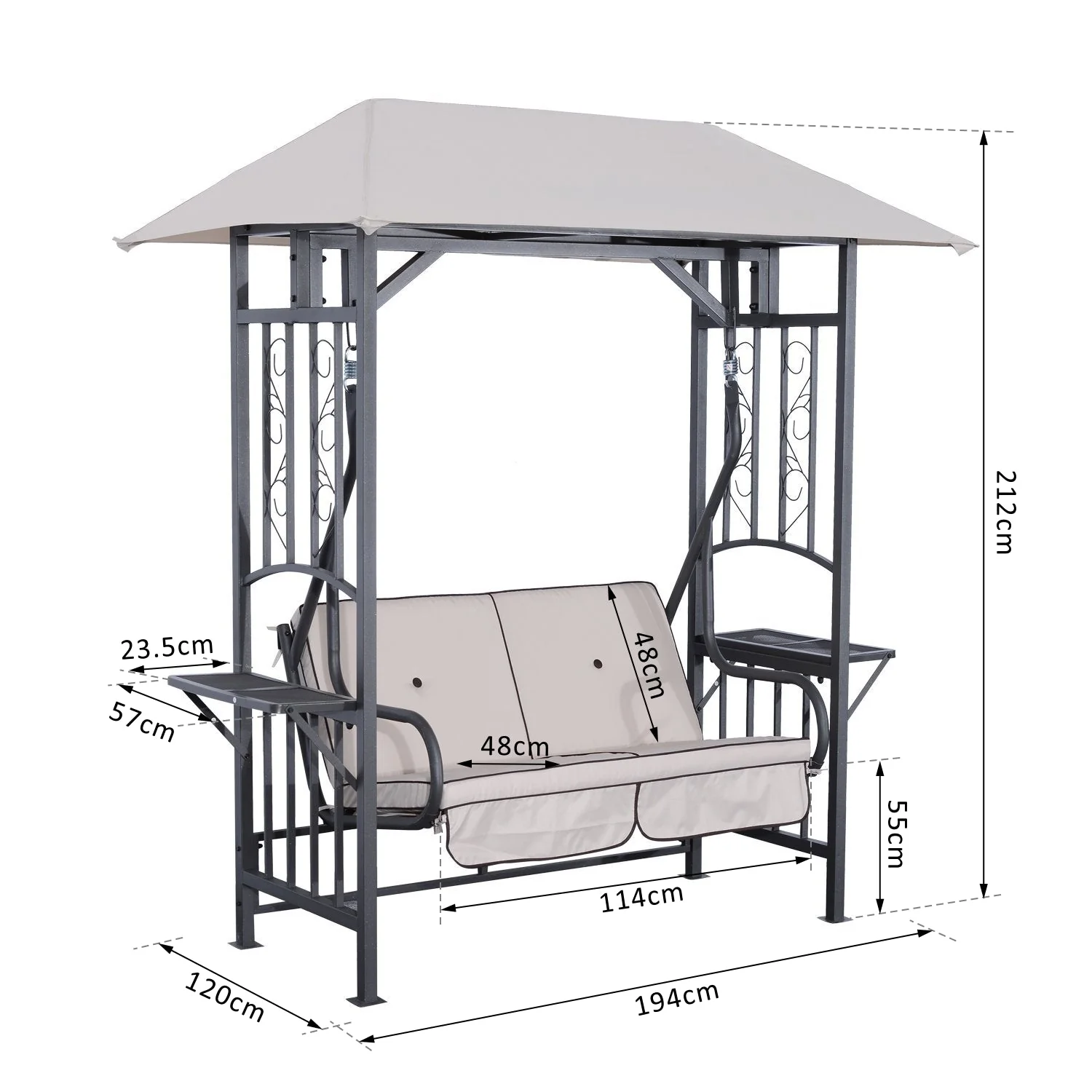Outdoor Garden 2 Seater Canopy Swing Chair Seat Porch Loveseat Vintage Hammock Cushioned Seat w/ and Side Drink Panel - Image 2