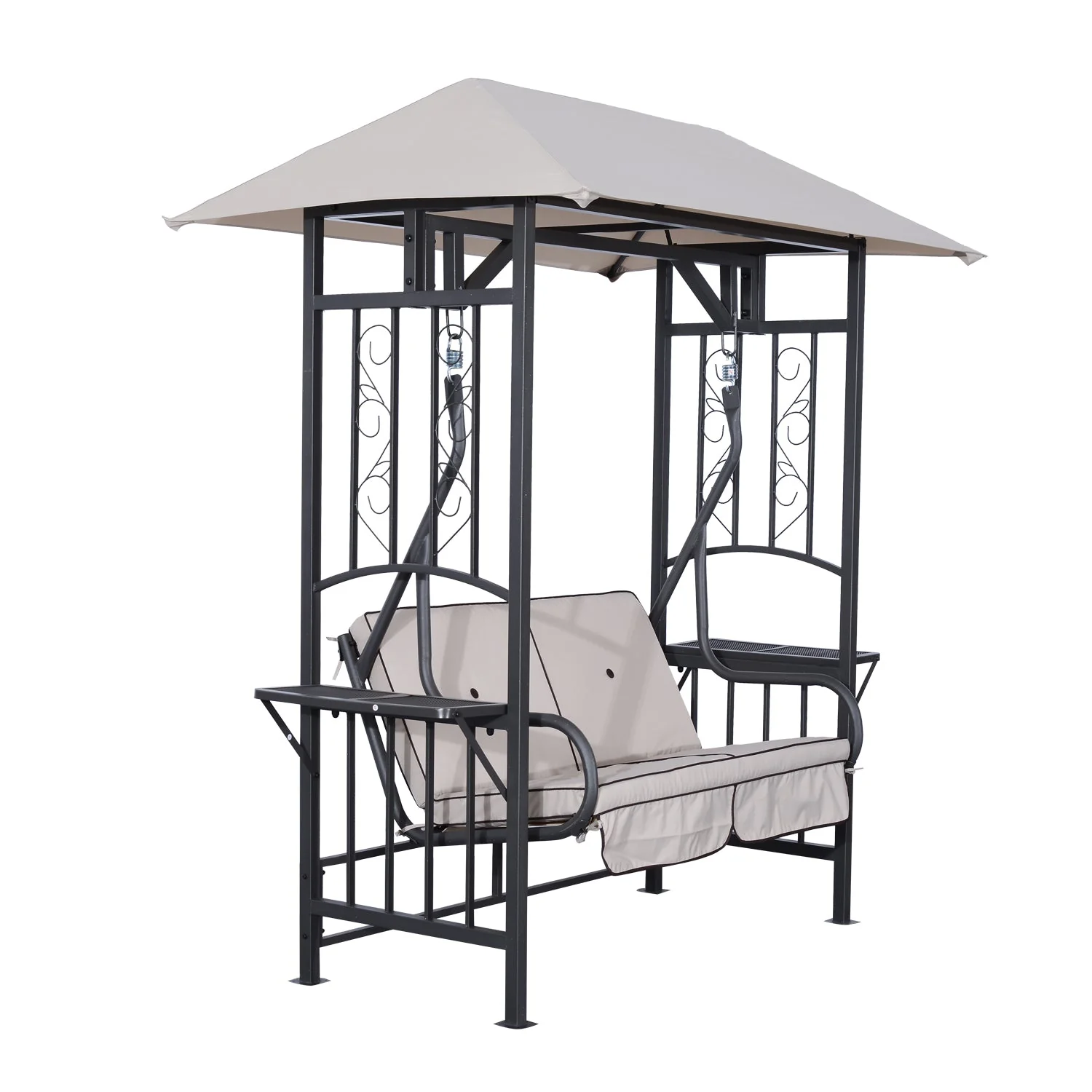 Outdoor Garden 2 Seater Canopy Swing Chair Seat Porch Loveseat Vintage Hammock Cushioned Seat w/ and Side Drink Panel - Image 3