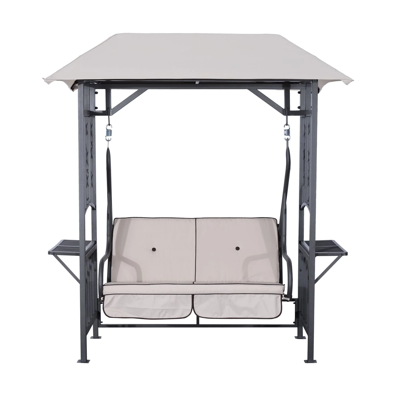 Outdoor Garden 2 Seater Canopy Swing Chair Seat Porch Loveseat Vintage Hammock Cushioned Seat w/ and Side Drink Panel - Image 8