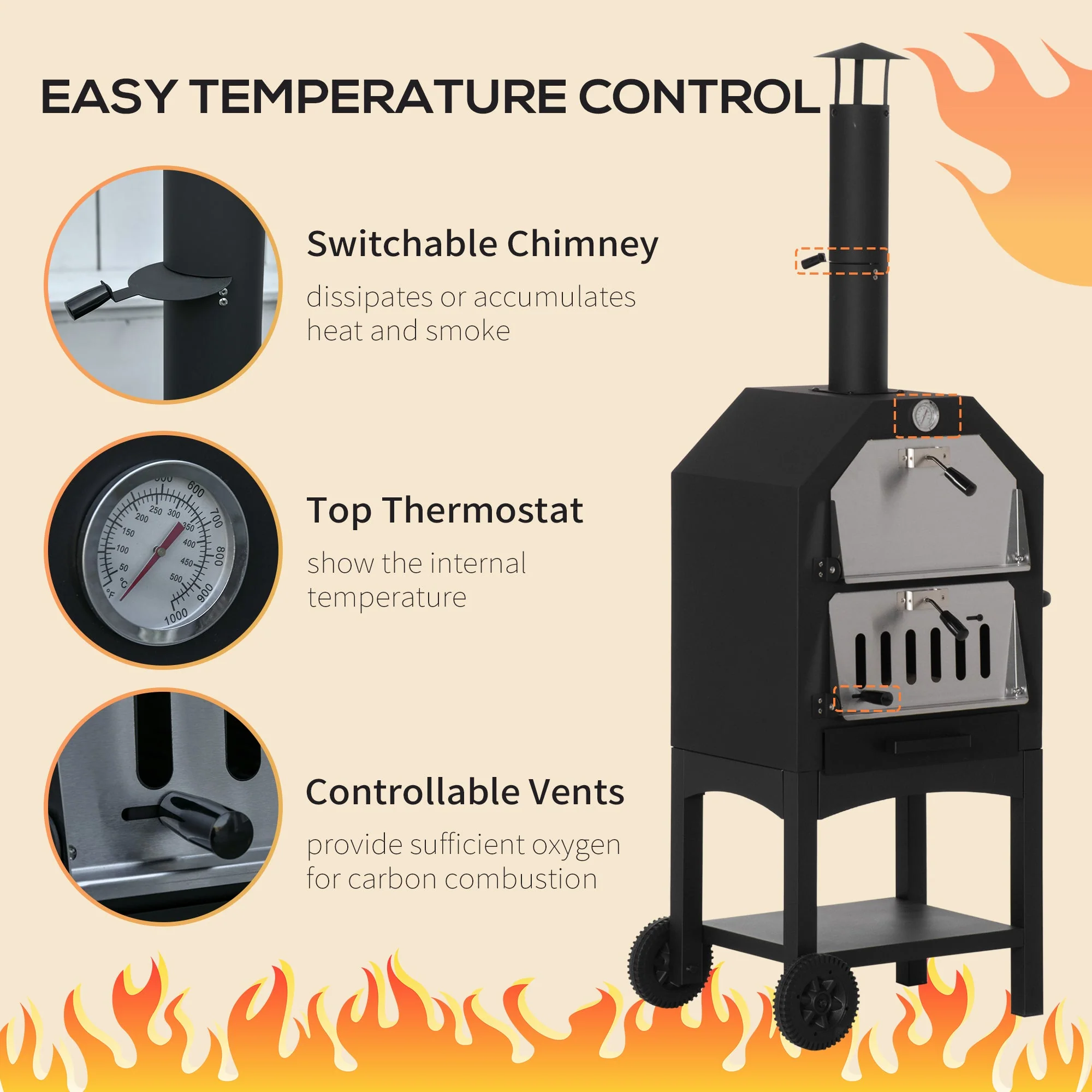 Outdoor Garden Pizza Oven Charcoal BBQ Grill 3-Tier Freestanding w/ Chimney - Image 4