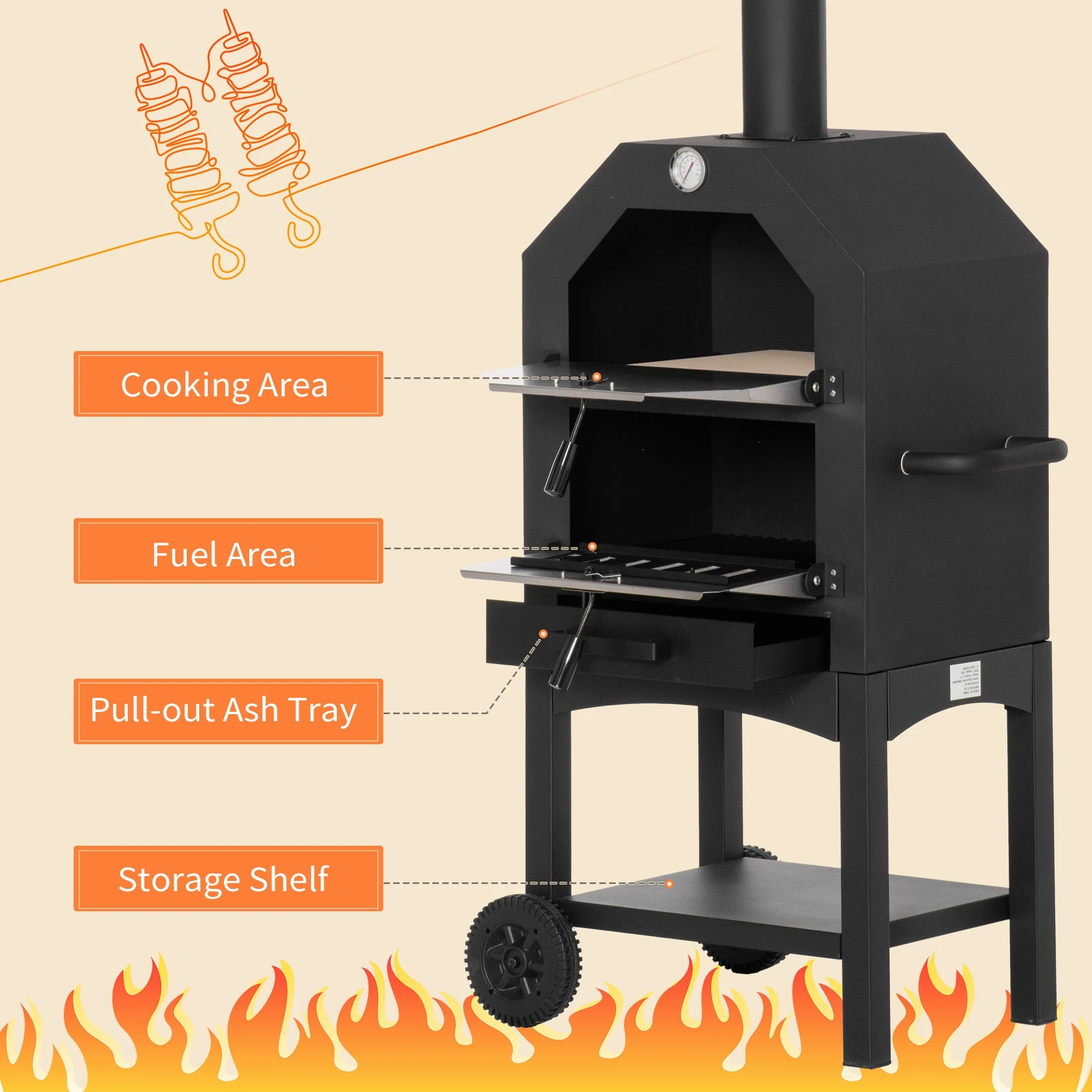 Outdoor Garden Pizza Oven Charcoal BBQ Grill 3-Tier Freestanding w/ Chimney - Image 6