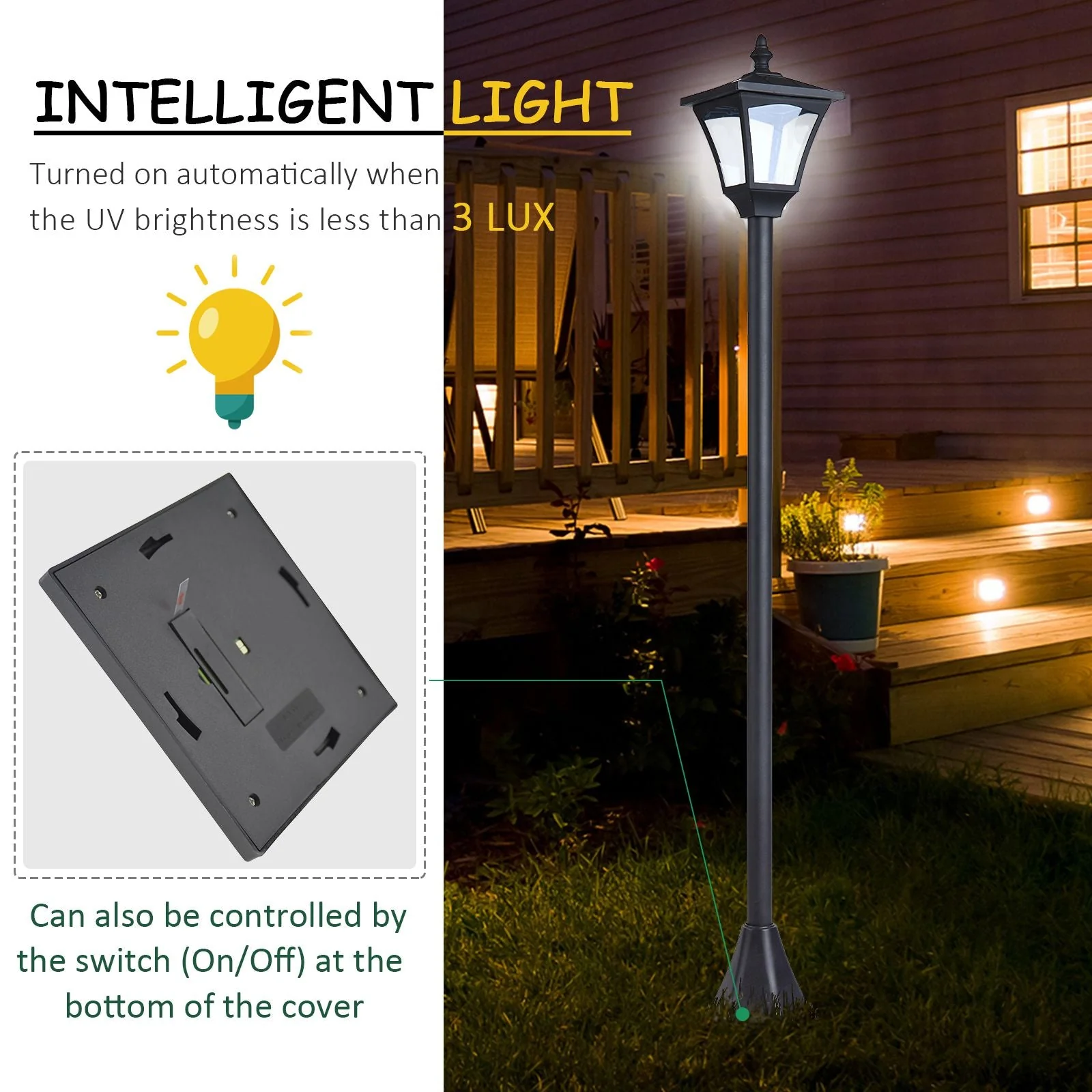Outdoor Garden Solar Post Lamp Sensor Dimmable LED Lantern Bollard Pathway 1.2M Tall – Black - Image 5
