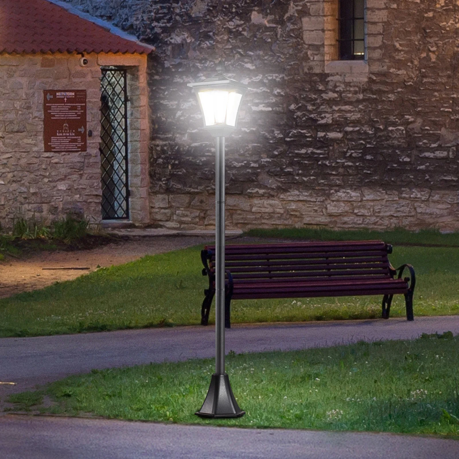 Outdoor Garden Solar Post Lamp Sensor Dimmable LED Lantern Bollard Pathway 1.6M Tall – Black - Image 2