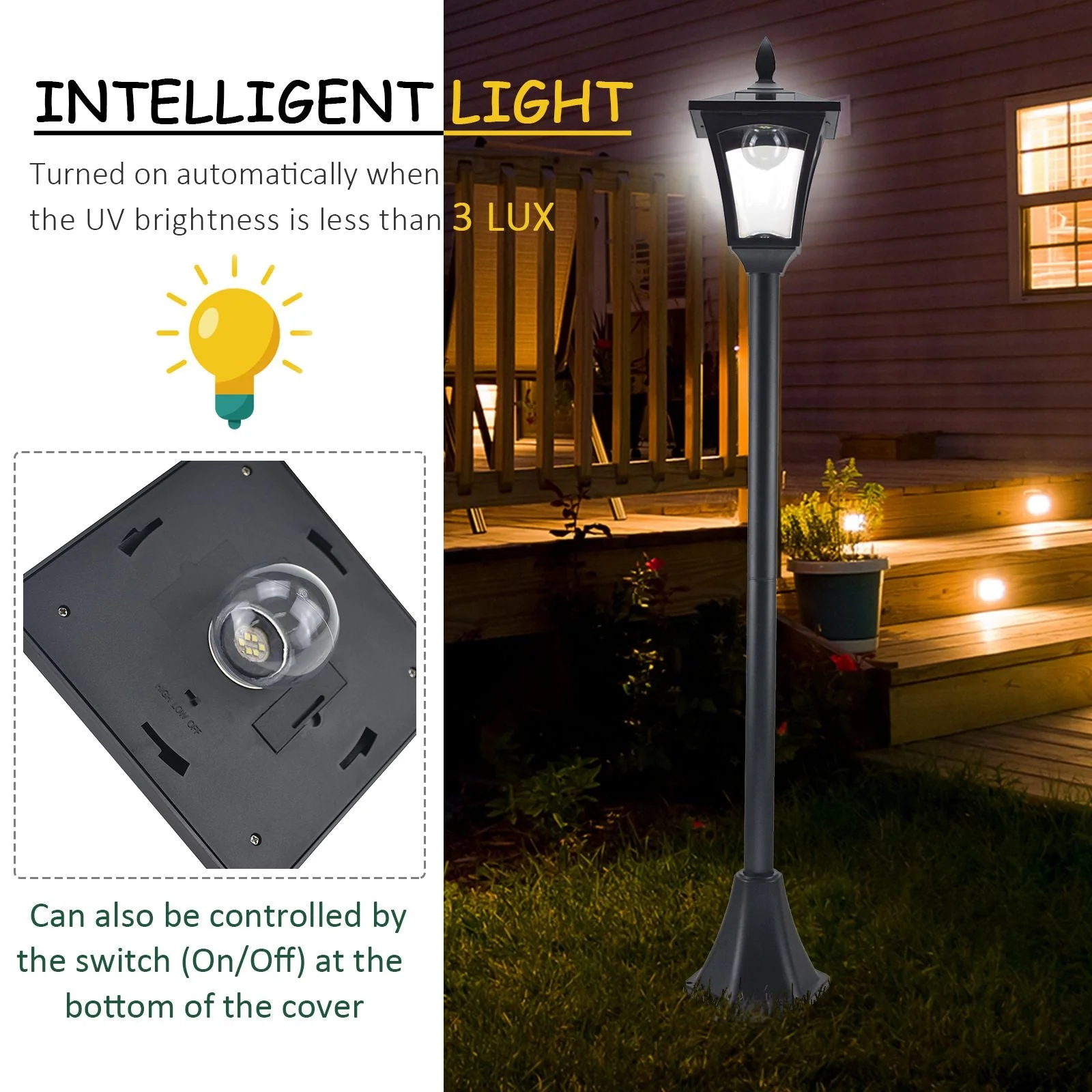 Outdoor Garden Solar Post Lamp Sensor Dimmable LED Lantern Bollard Pathway 1.6M Tall – Black - Image 5