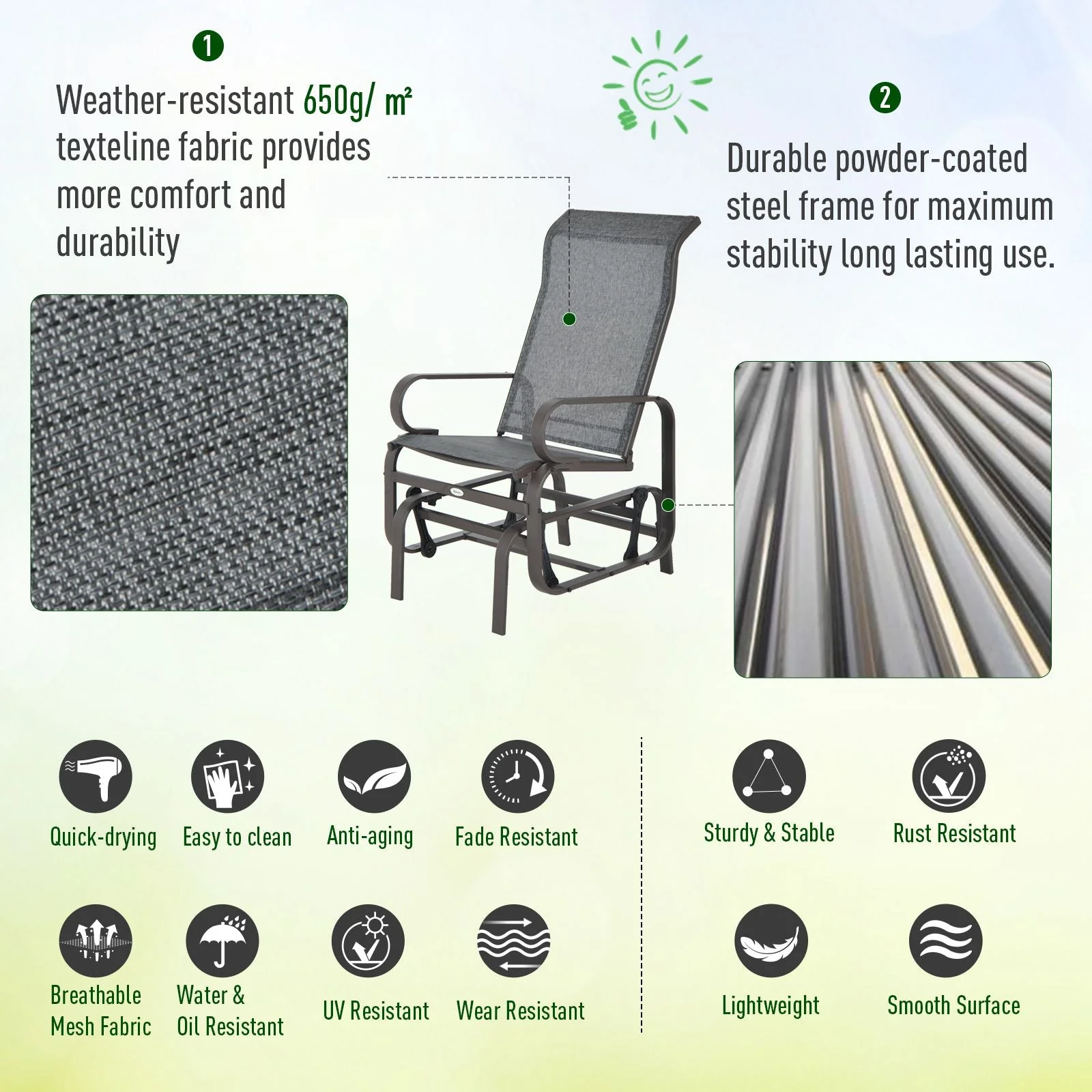 Outdoor Gliding Rocking Chair with Sturdy Metal Frame Garden Comfortable Swing Chair - Image 6