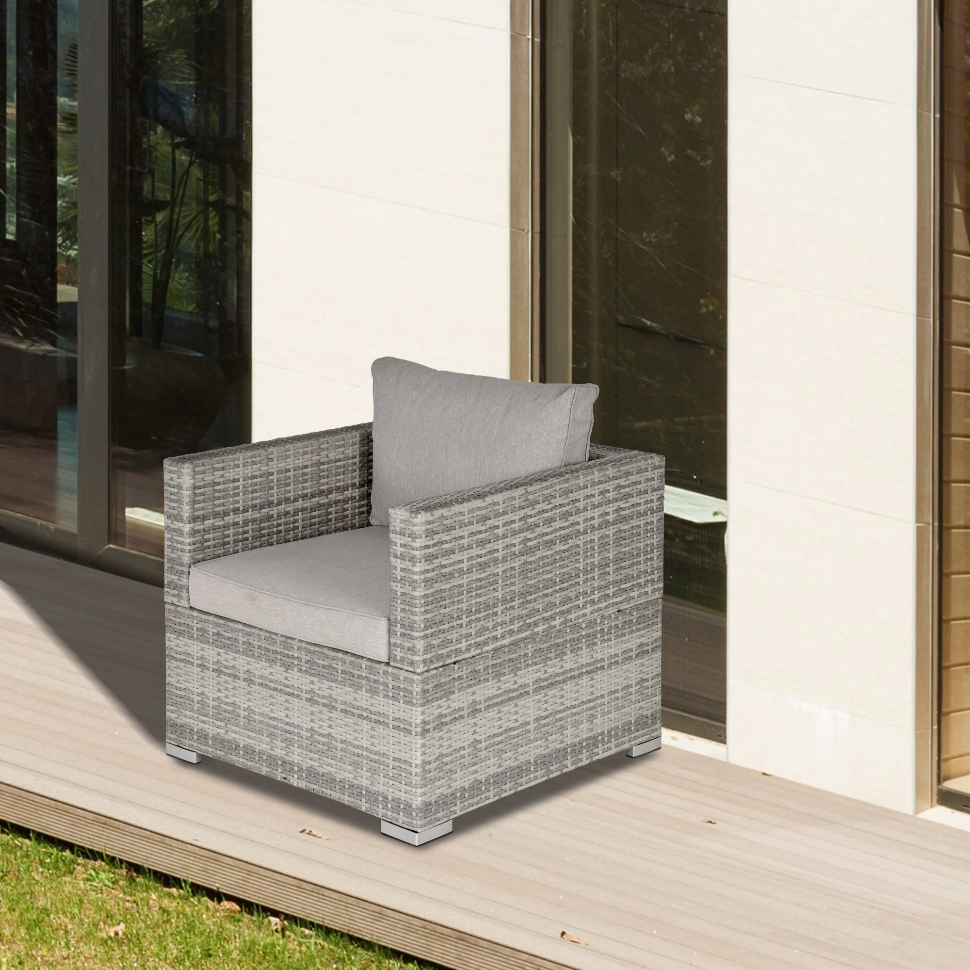 Outdoor Patio Furniture Single Rattan Sofa Chair Padded Cushion All Weather for Garden Poolside Balcony Grey - Image 2