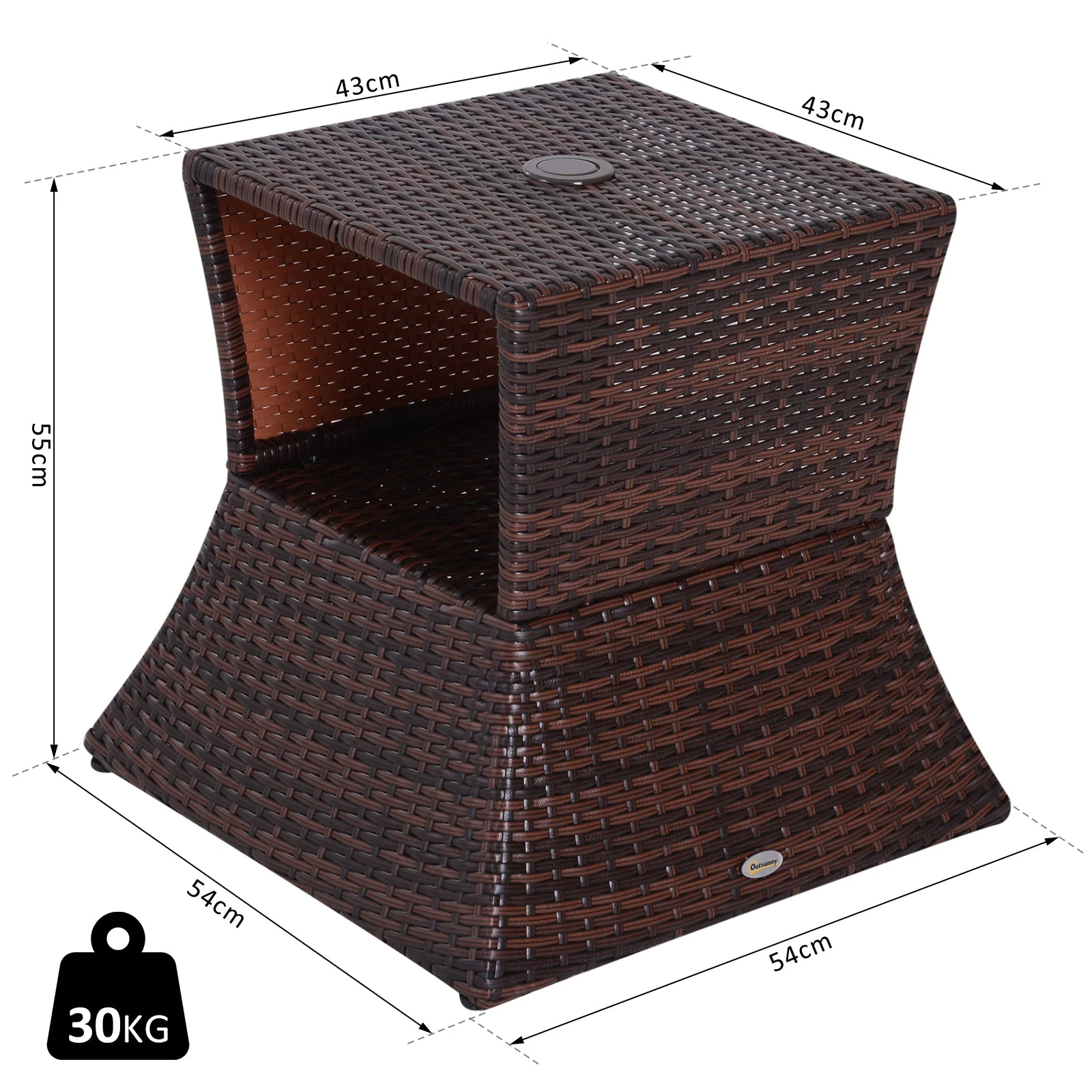 Outdoor Patio Rattan Wicker Coffee Table Bistro Side Table w/ Umbrella Hole and Storage Space - Image 2