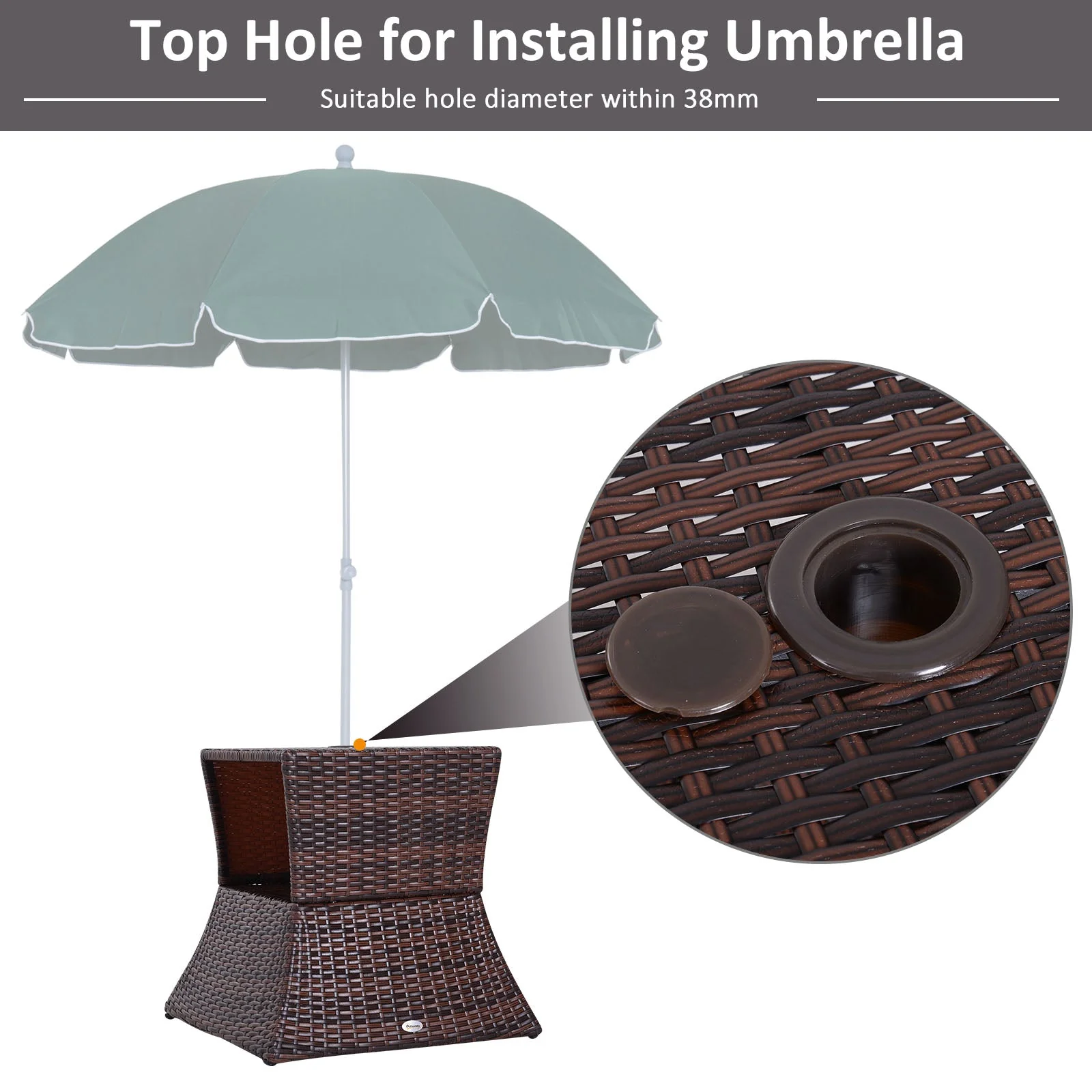 Outdoor Patio Rattan Wicker Coffee Table Bistro Side Table w/ Umbrella Hole and Storage Space - Image 3