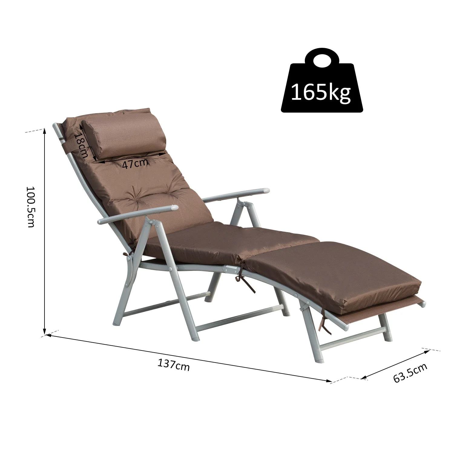 Outdoor Patio Sun Lounger Garden Texteline Foldable Reclining Chair Pillow Adjustable Recliner with Cushion - Brown - Image 3