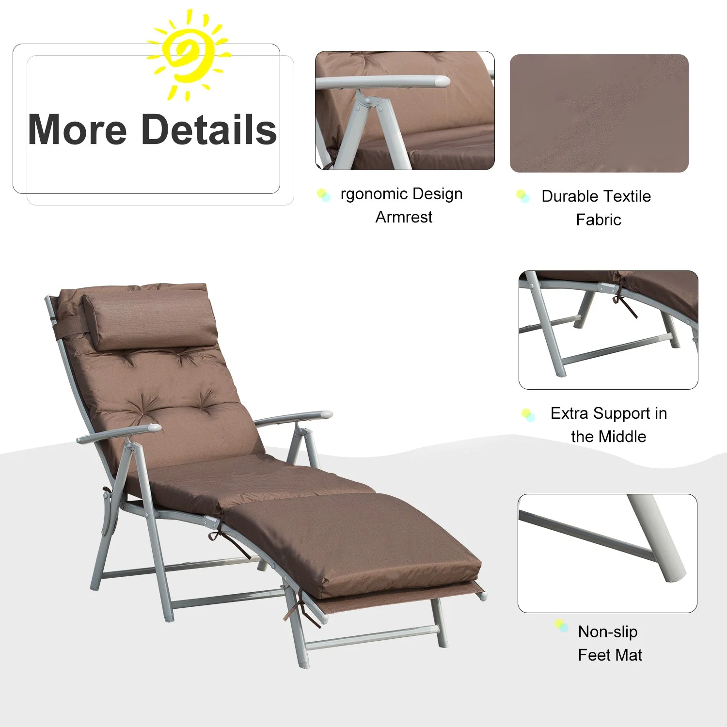 Outdoor Patio Sun Lounger Garden Texteline Foldable Reclining Chair Pillow Adjustable Recliner with Cushion - Brown - Image 4