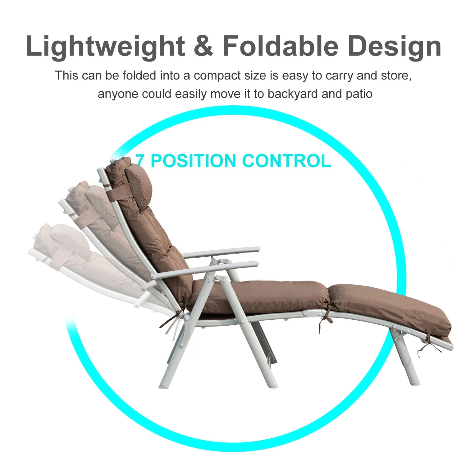 Outdoor Patio Sun Lounger Garden Texteline Foldable Reclining Chair Pillow Adjustable Recliner with Cushion - Brown - Image 5