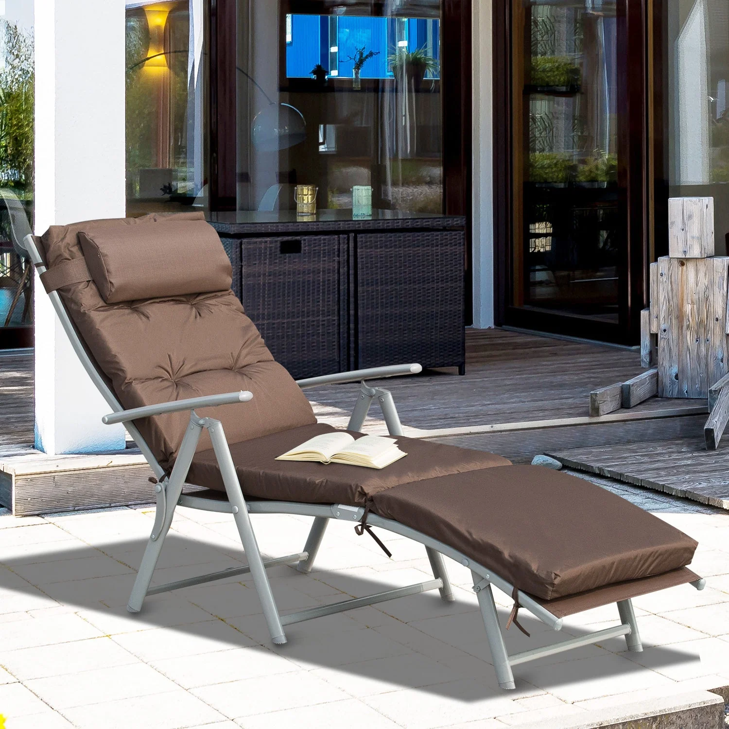 Outdoor Patio Sun Lounger Garden Texteline Foldable Reclining Chair Pillow Adjustable Recliner with Cushion - Brown - Image 9