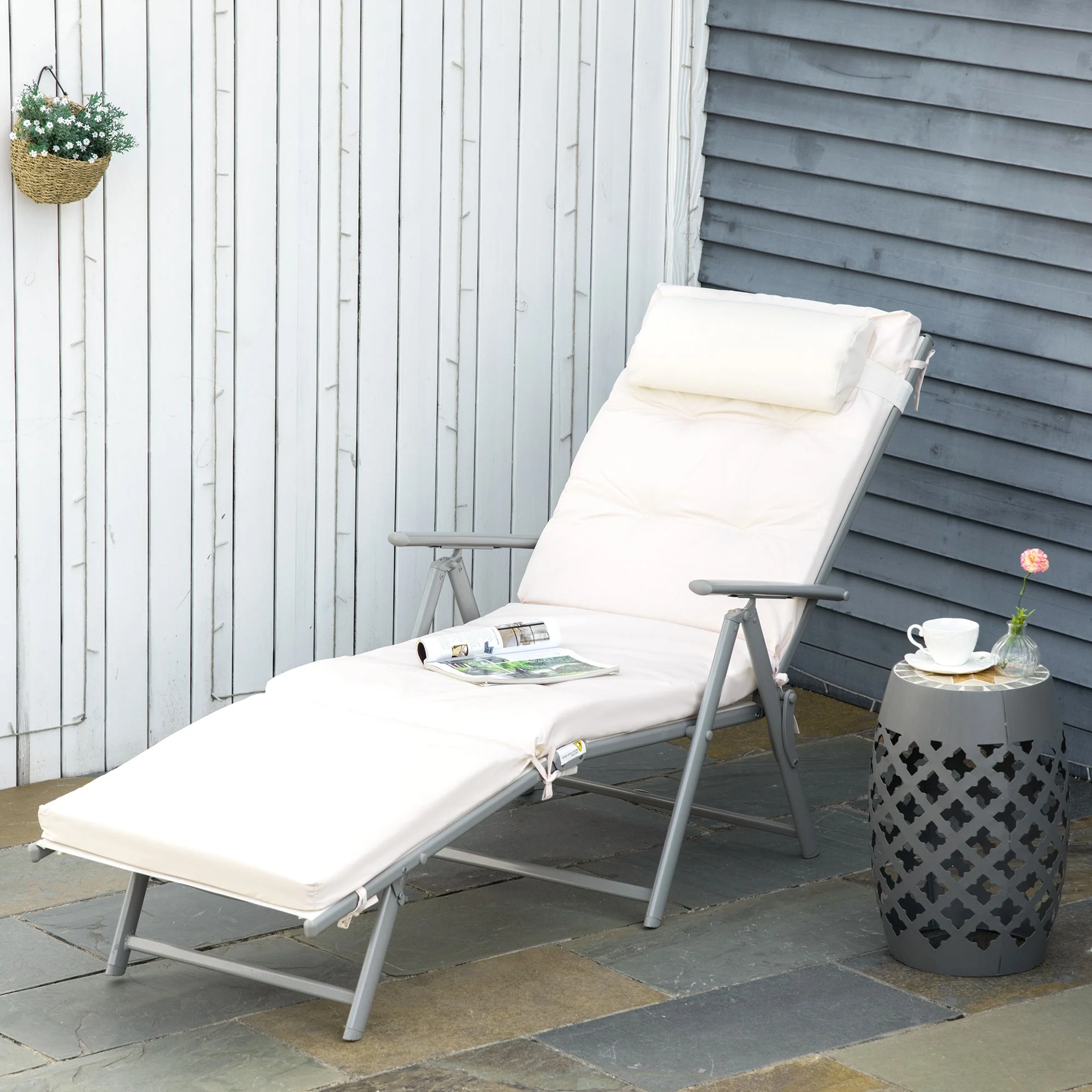 Outdoor Patio Sun Lounger Garden Textilene Foldable Reclining Chair Pillow Adjustable Recliner with Cushion - Cream White - Image 2