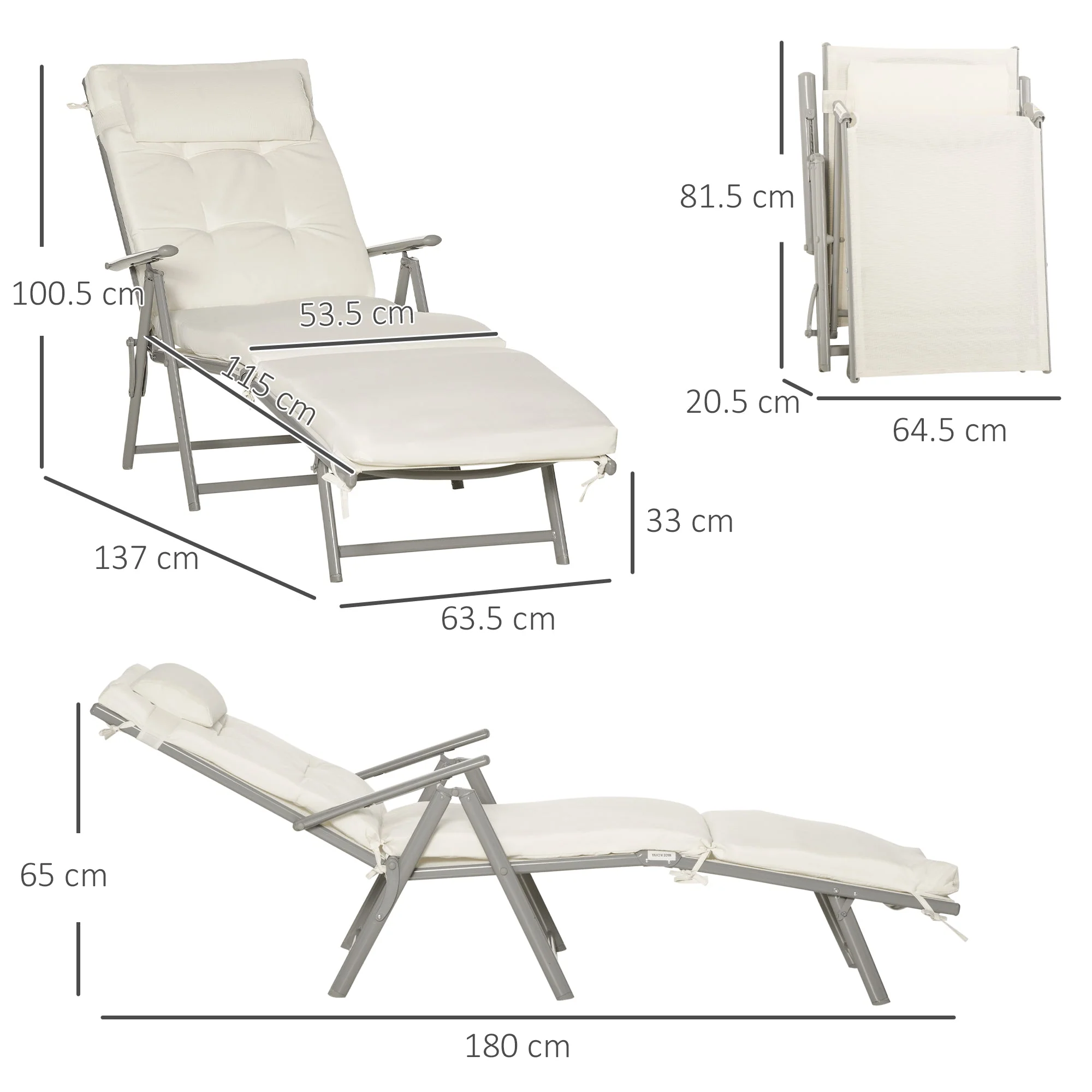 Outdoor Patio Sun Lounger Garden Textilene Foldable Reclining Chair Pillow Adjustable Recliner with Cushion - Cream White - Image 3