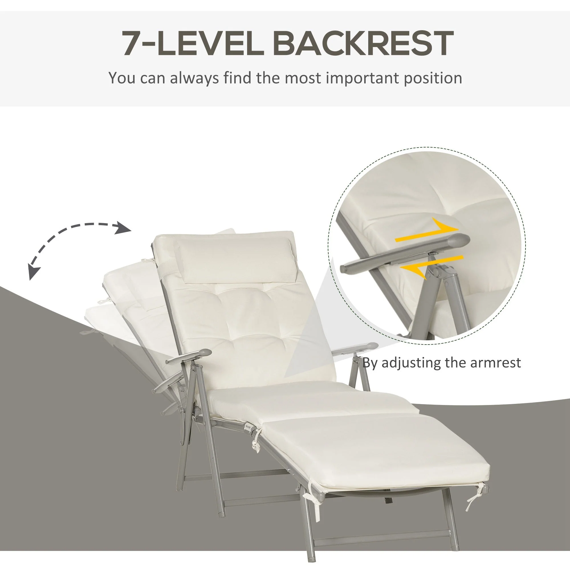 Outdoor Patio Sun Lounger Garden Textilene Foldable Reclining Chair Pillow Adjustable Recliner with Cushion - Cream White - Image 4