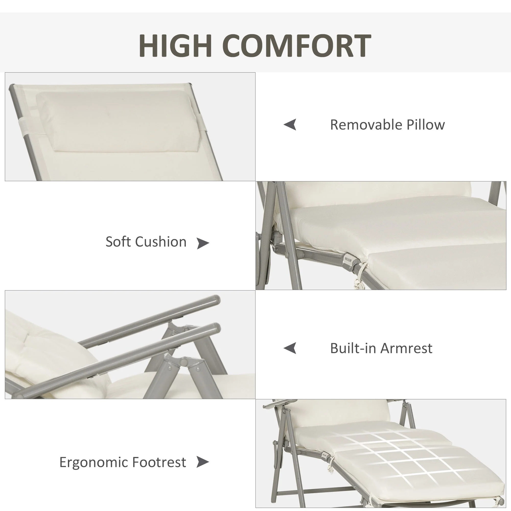 Outdoor Patio Sun Lounger Garden Textilene Foldable Reclining Chair Pillow Adjustable Recliner with Cushion - Cream White - Image 5