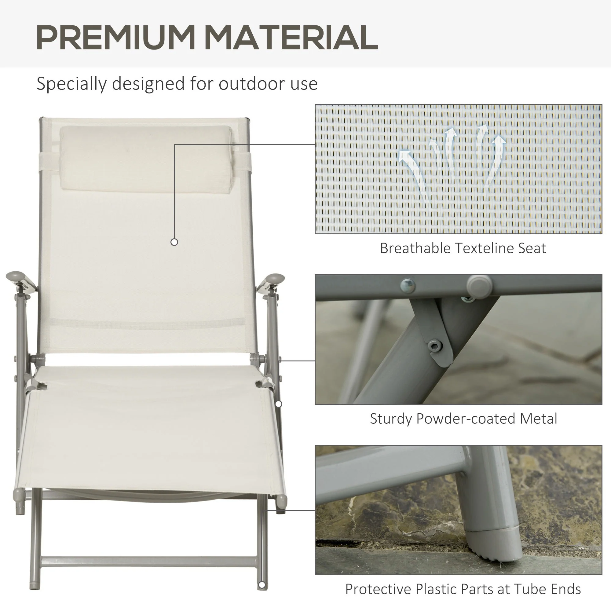Outdoor Patio Sun Lounger Garden Textilene Foldable Reclining Chair Pillow Adjustable Recliner with Cushion - Cream White - Image 7