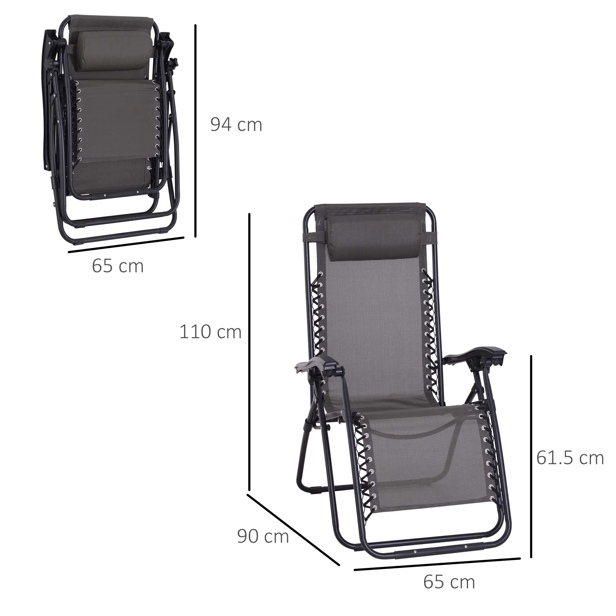 Outdoor Zero Gravity Chair w/ Head Pillow for Patio Decking Gardens Camping Grey - Image 3