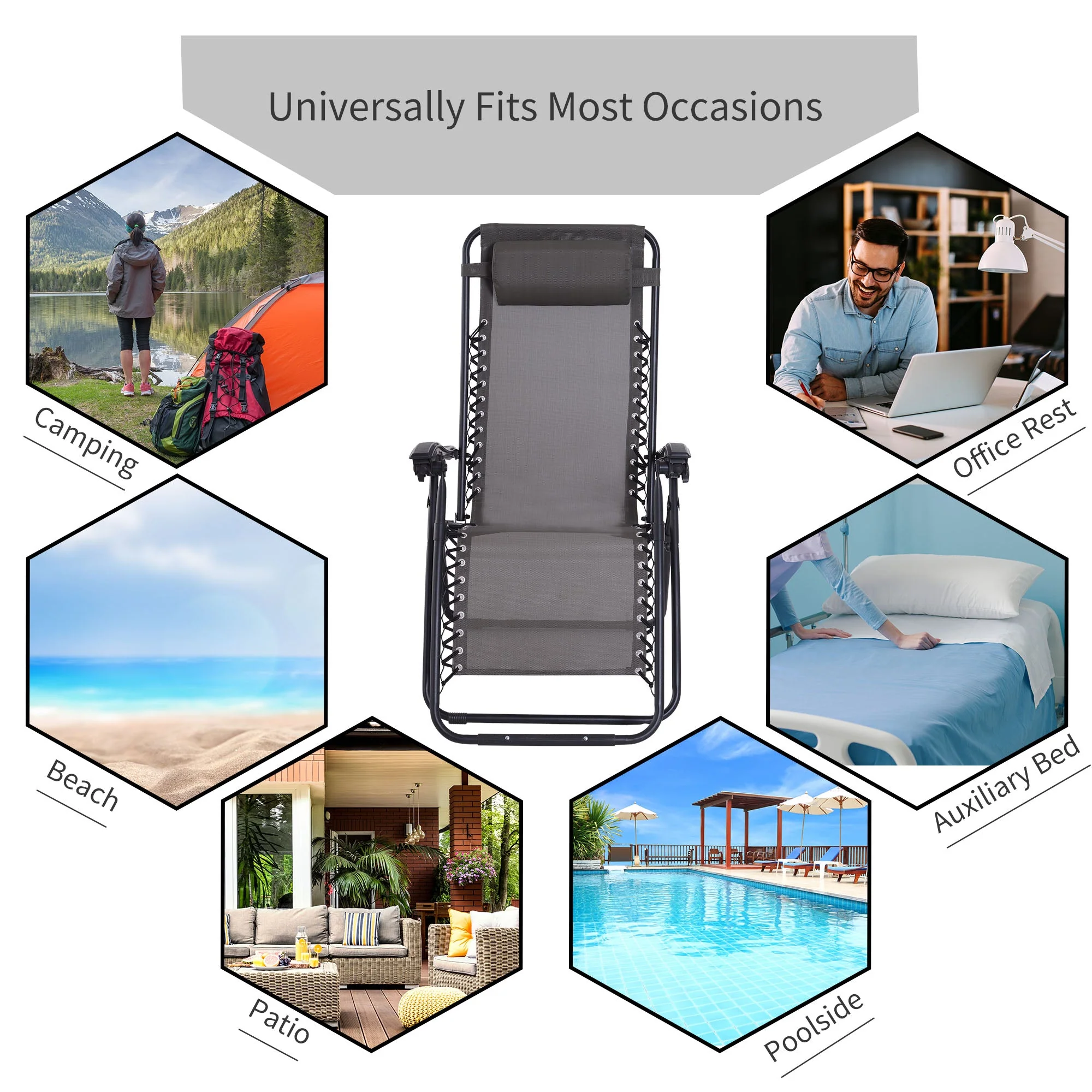 Outdoor Zero Gravity Chair w/ Head Pillow for Patio Decking Gardens Camping Grey - Image 4