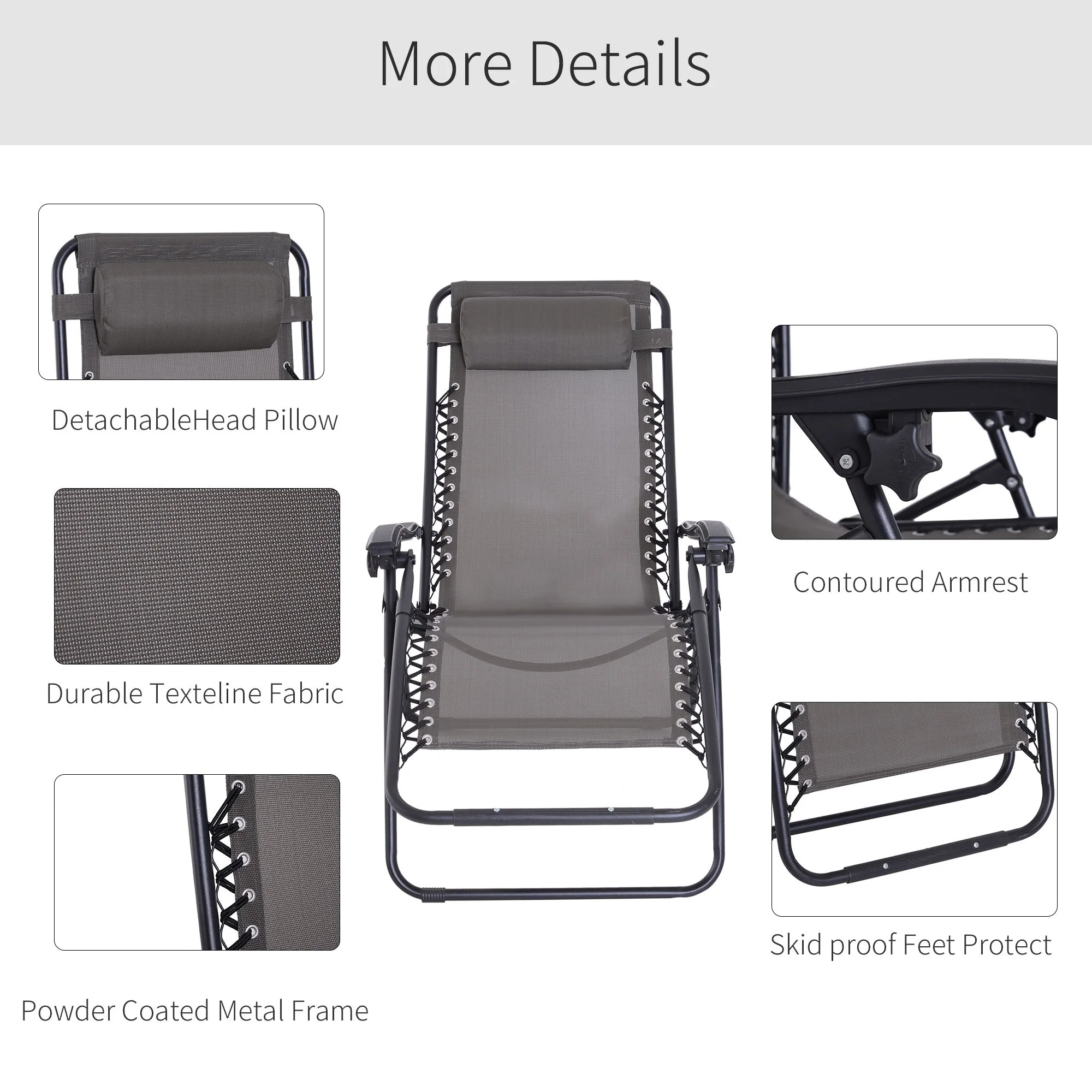 Outdoor Zero Gravity Chair w/ Head Pillow for Patio Decking Gardens Camping Grey - Image 5