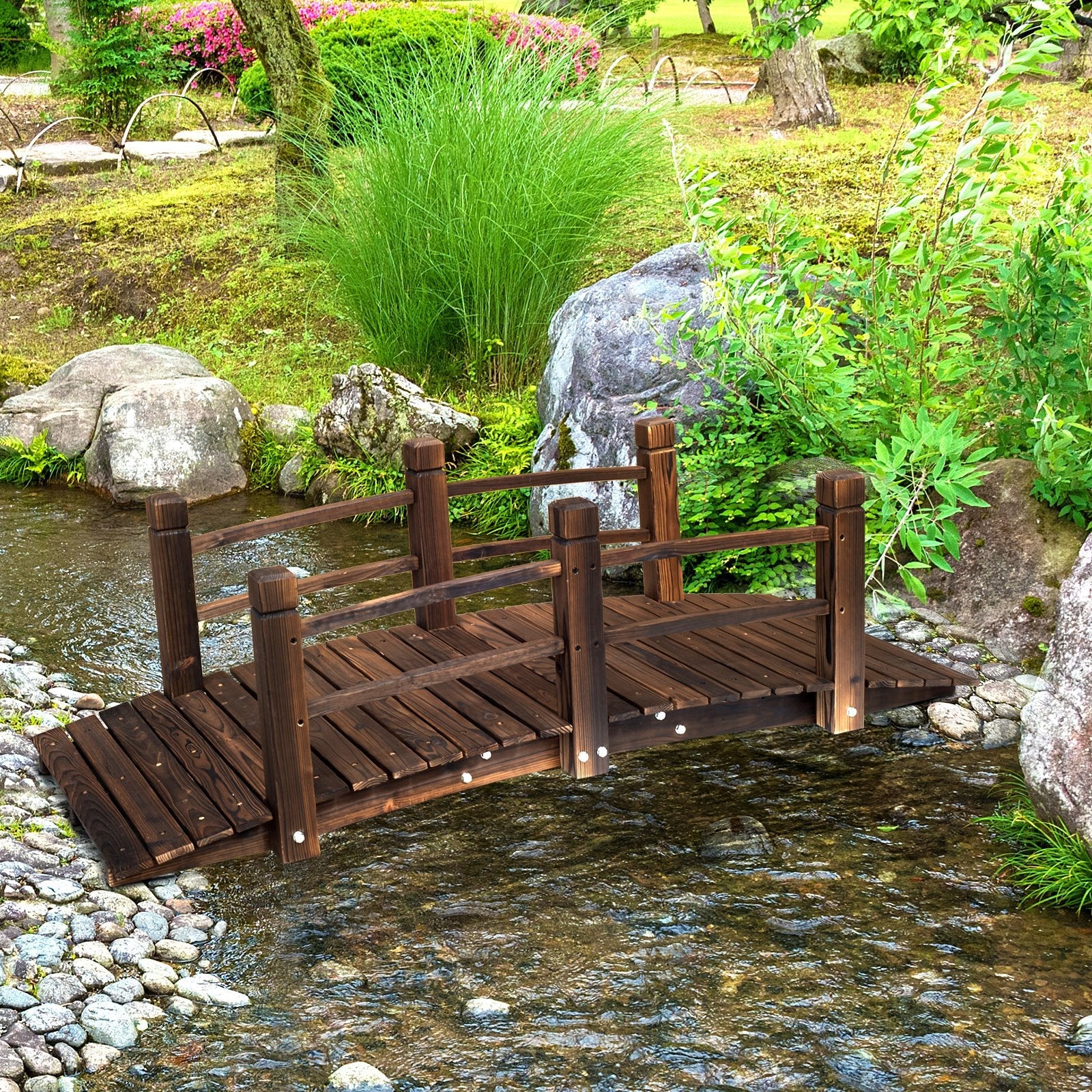 Outsunny 1.5M Wooden Garden Bridge Lawn Dcor Stained Finish Arc Outdoor Pond Walkway W/ Railings Water Yard Decoration - Image 2