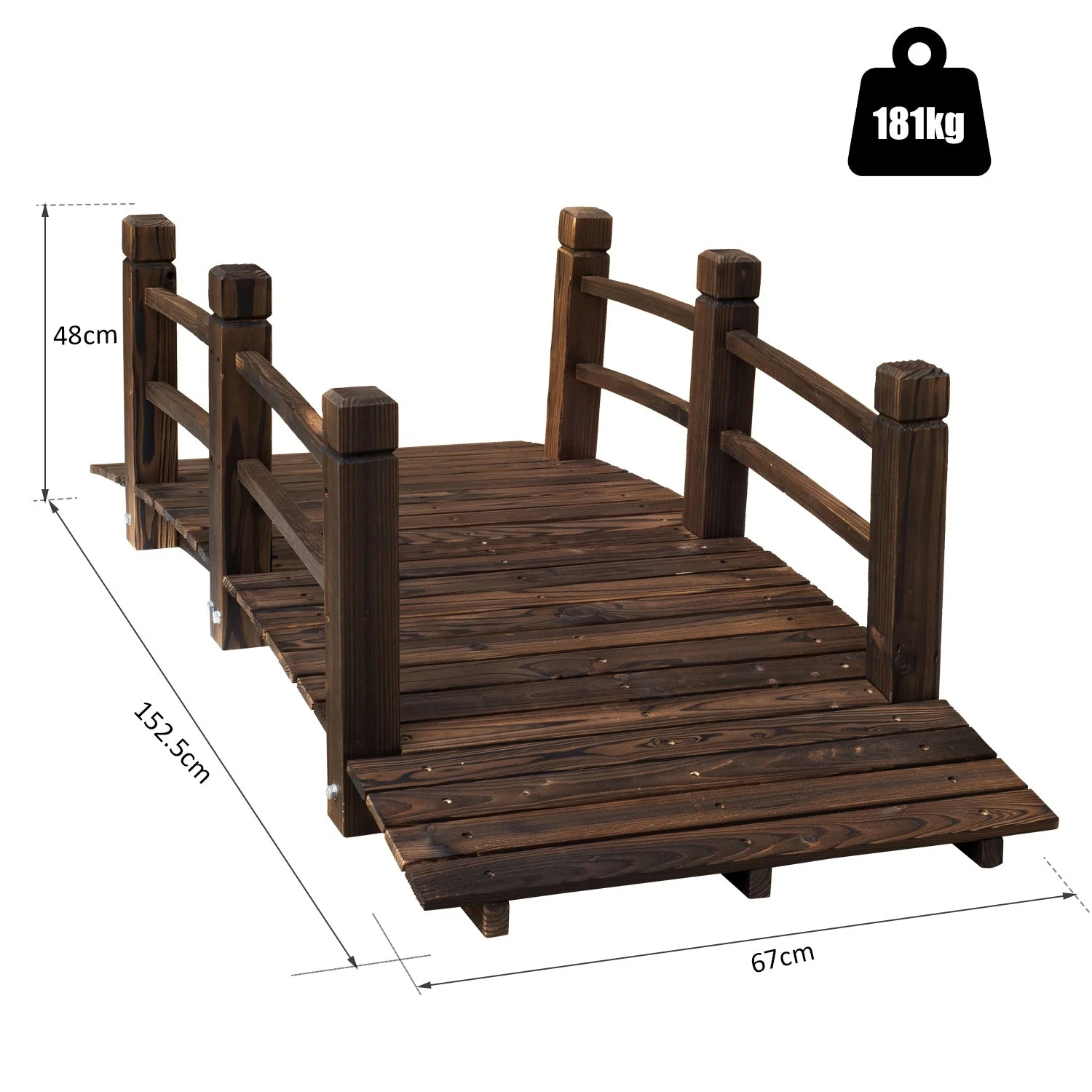 Outsunny 1.5M Wooden Garden Bridge Lawn Dcor Stained Finish Arc Outdoor Pond Walkway W/ Railings Water Yard Decoration - Image 3